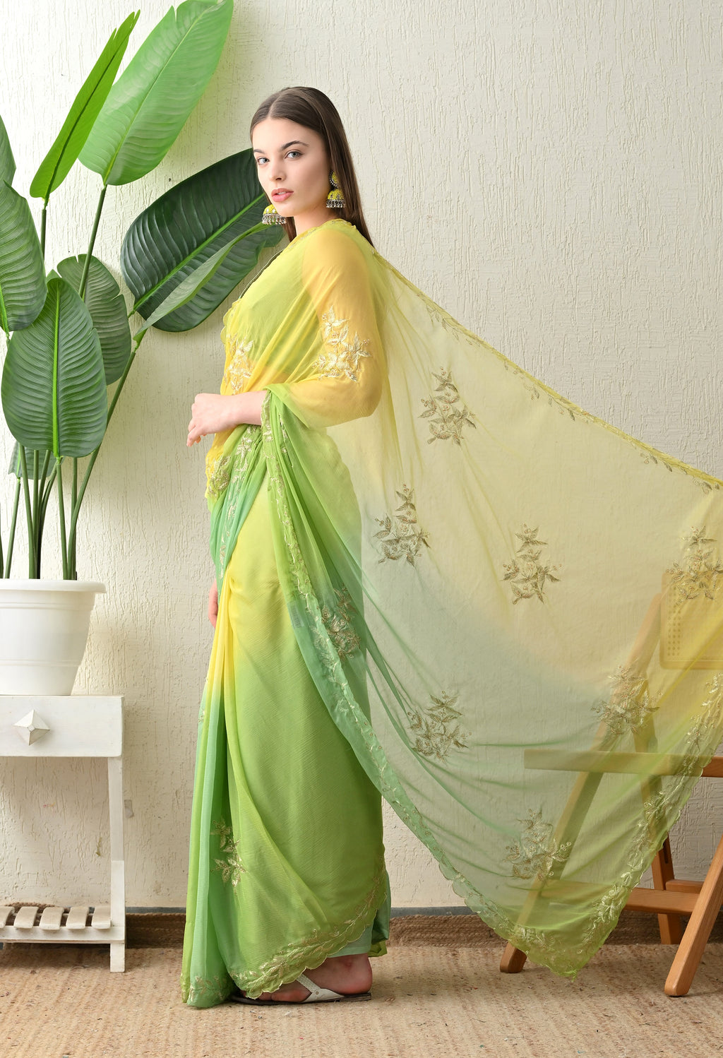 Raw Mango Hue Embroidered chiffon leheriya saree, for festive wear, daily wear saree, and farewell saree, a must for trousseau and pre-wedding styling.