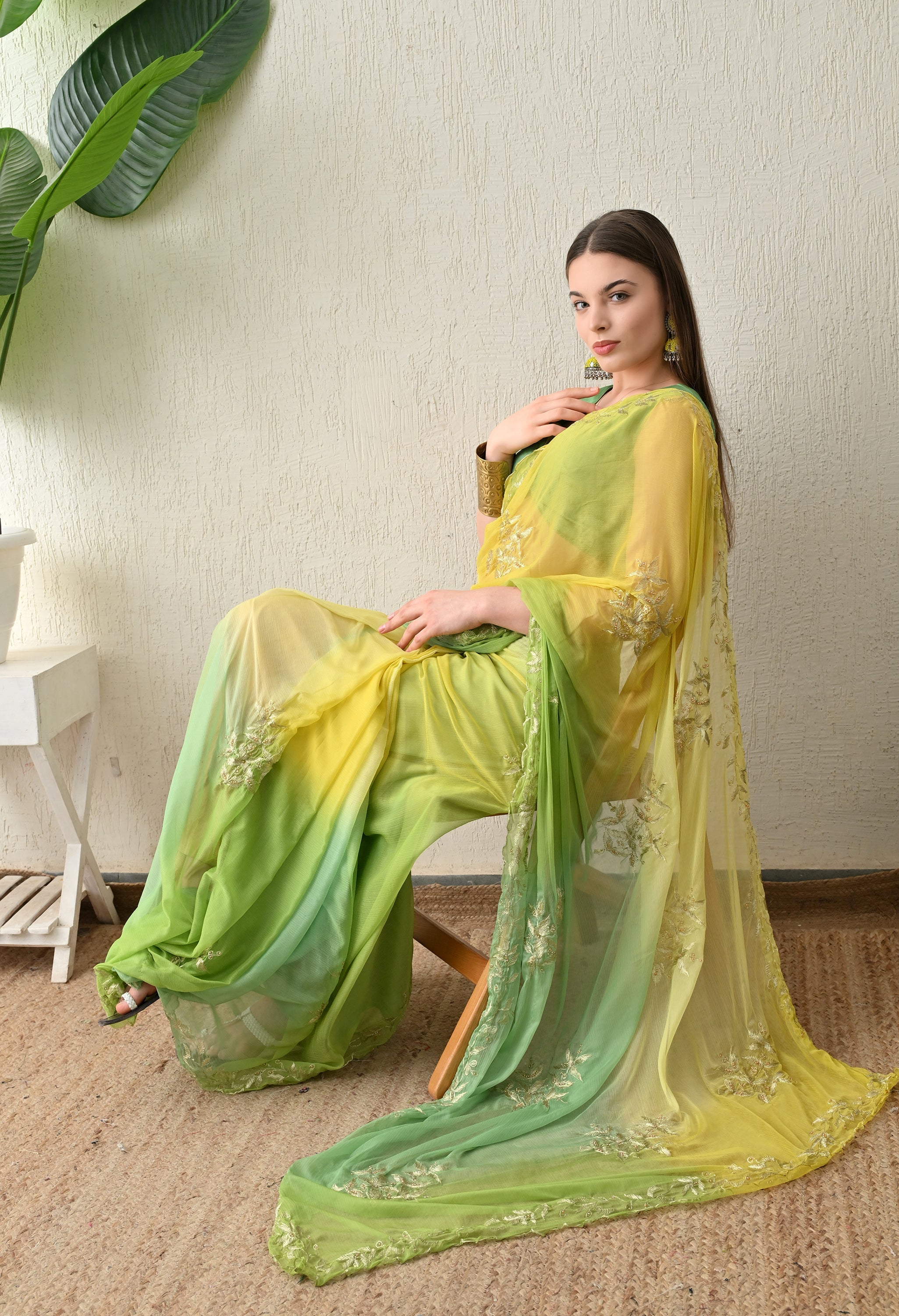 Raw Mango Hue Embroidered chiffon leheriya saree, for festive wear, daily wear saree, and farewell saree, a must for trousseau and pre-wedding styling.