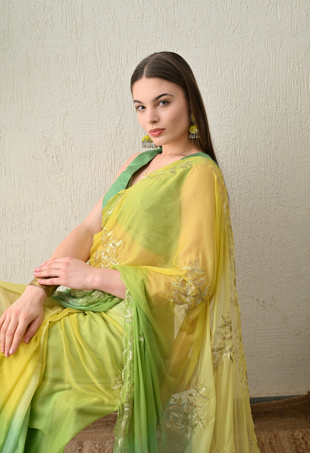 Raw Mango Hue Embroidered chiffon leheriya saree, for festive wear, daily wear saree, and farewell saree, a must for trousseau and pre-wedding styling.
