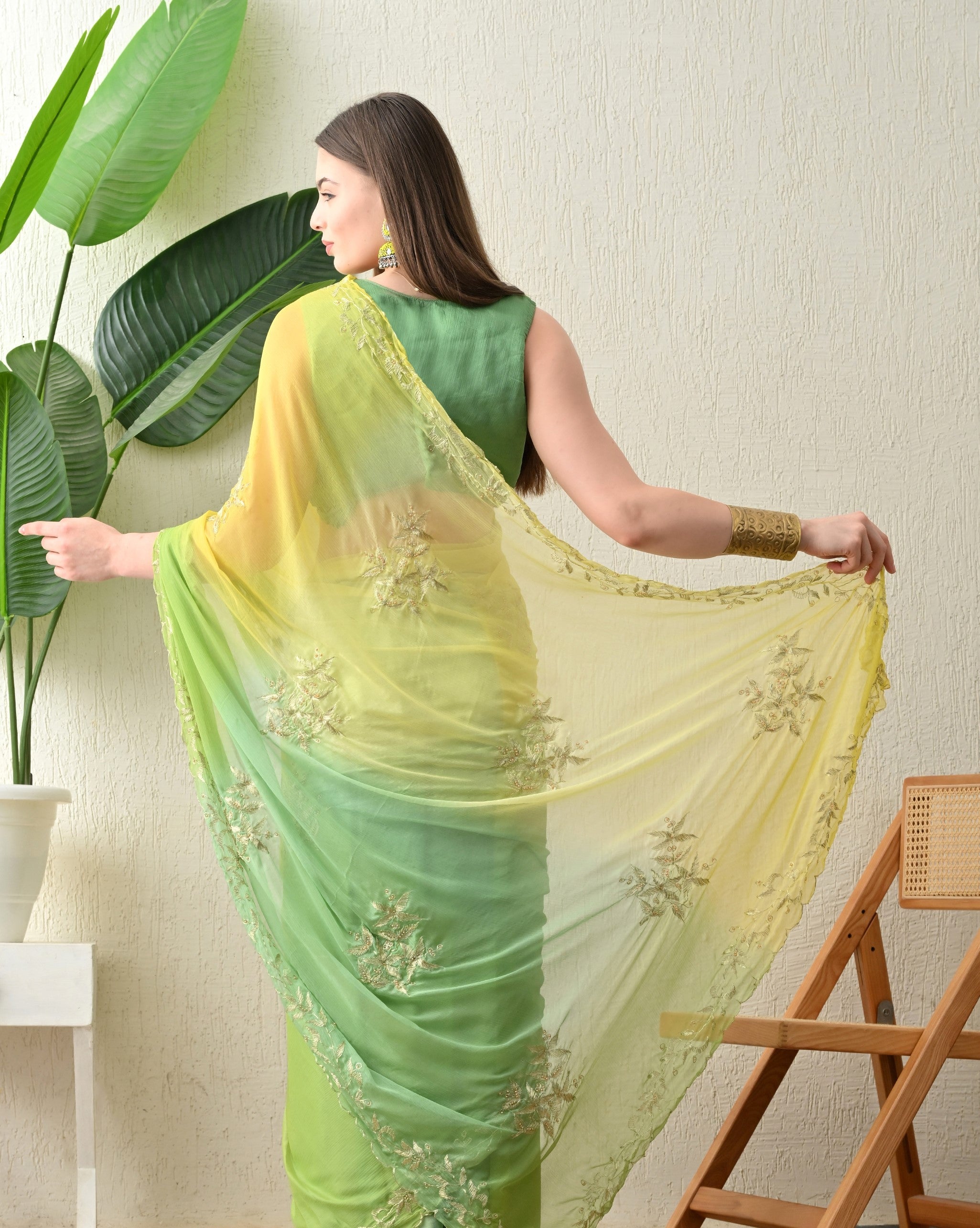 Raw Mango Hue Embroidered chiffon leheriya saree, for festive wear, daily wear saree, and farewell saree, a must for trousseau and pre-wedding styling.