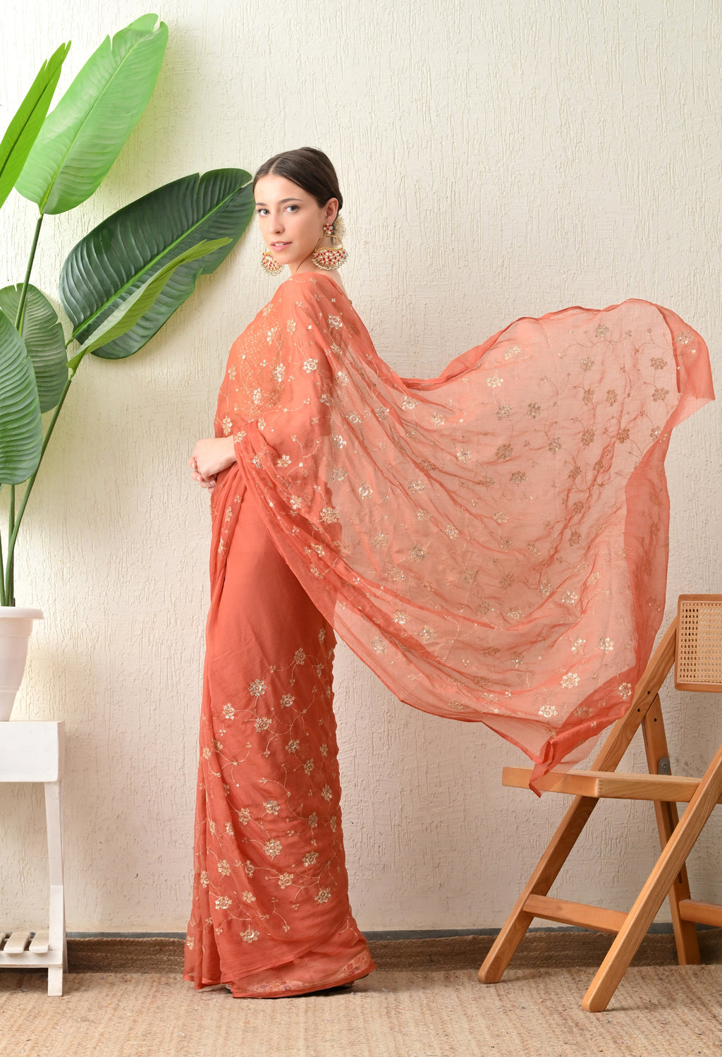 Coral all over work Chiffon Saree
