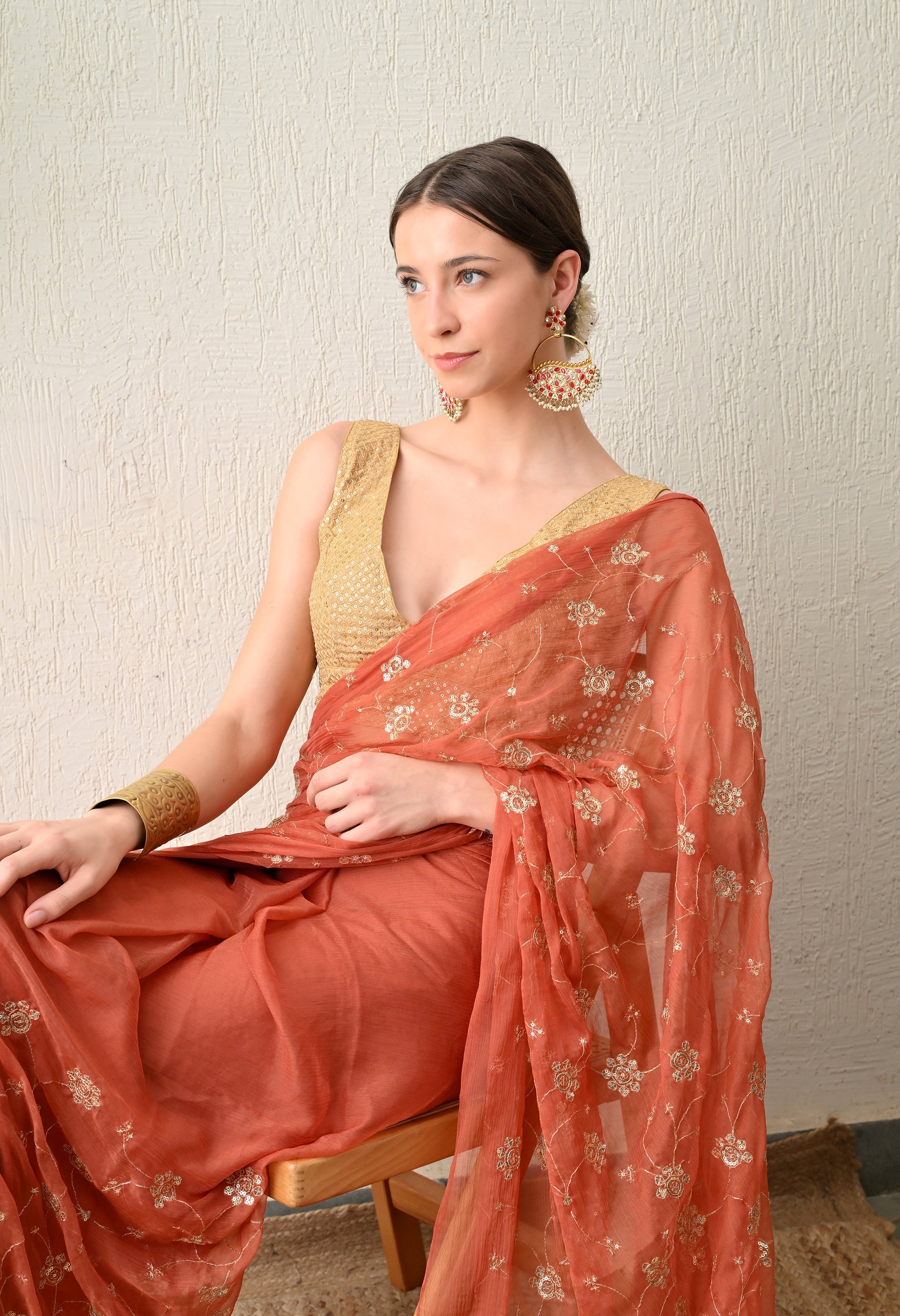 Coral all over work  chiffon leheriya saree, for festive wear, daily wear saree, and farewell saree, a must for trousseau and pre-wedding styling.