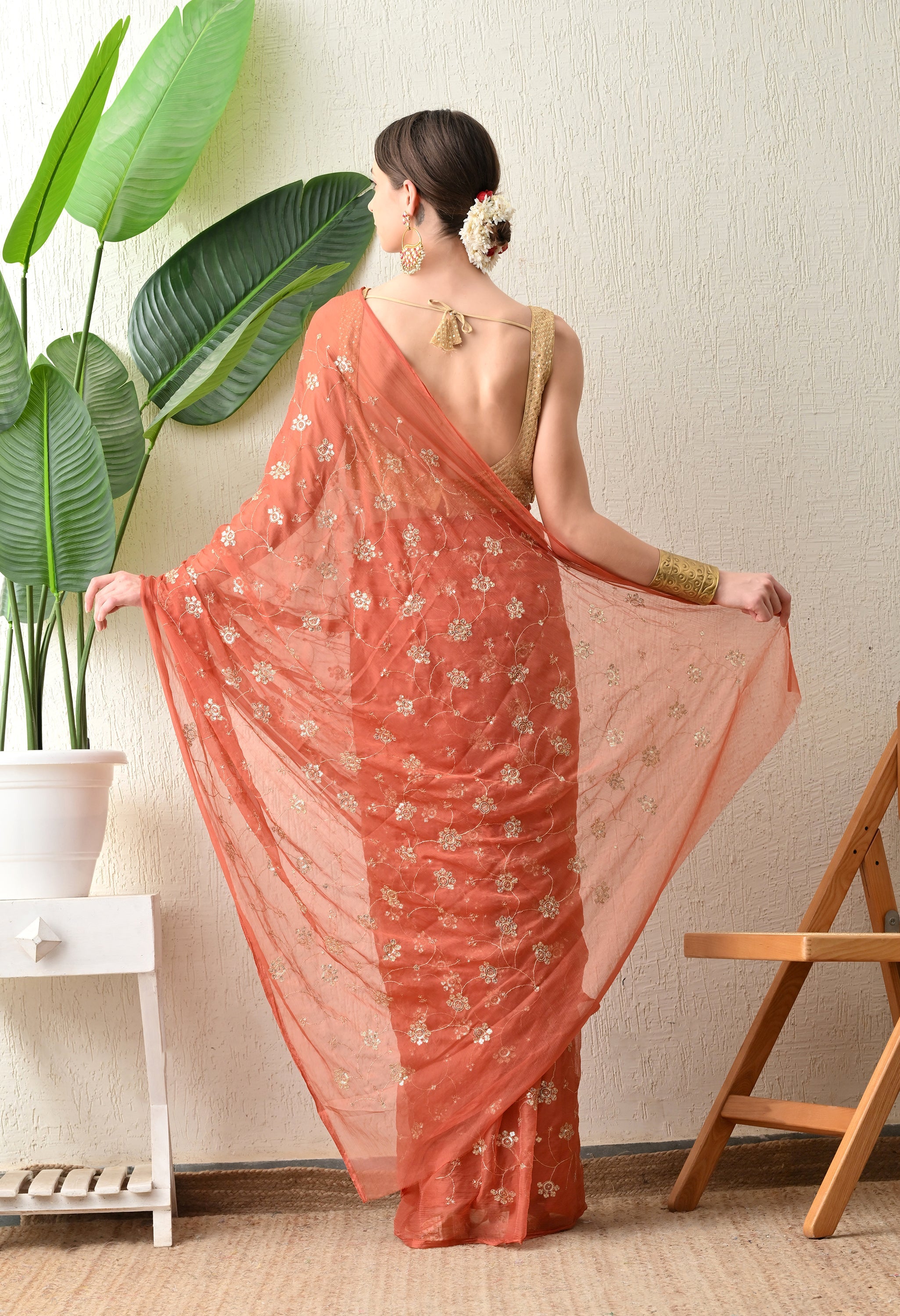 Coral all over work  chiffon leheriya saree, for festive wear, daily wear saree, and farewell saree, a must for trousseau and pre-wedding styling.