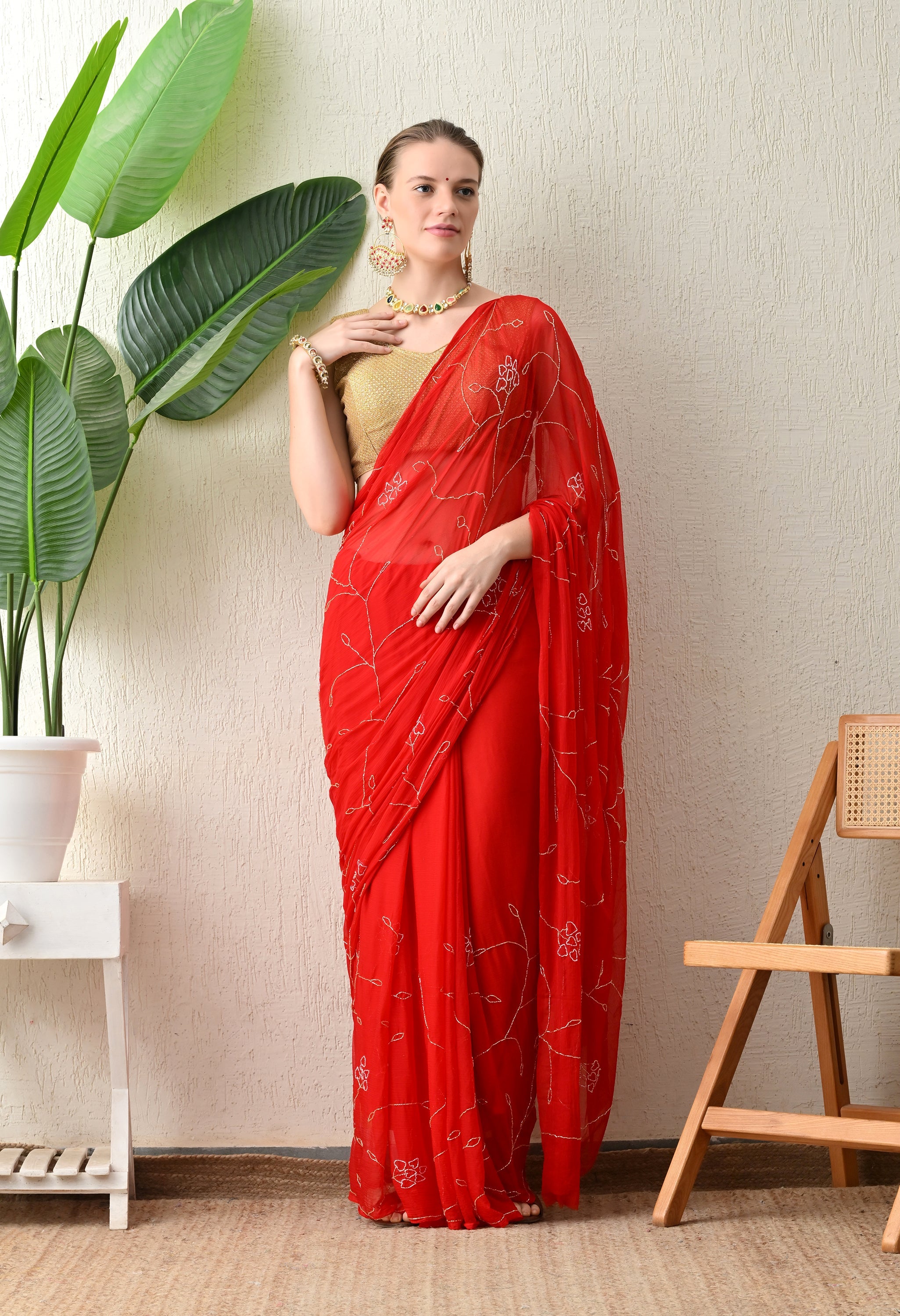 Fire Red Embellished chiffon leheriya saree, for festive wear, daily wear saree, and farewell saree, a must for trousseau and pre-wedding styling.