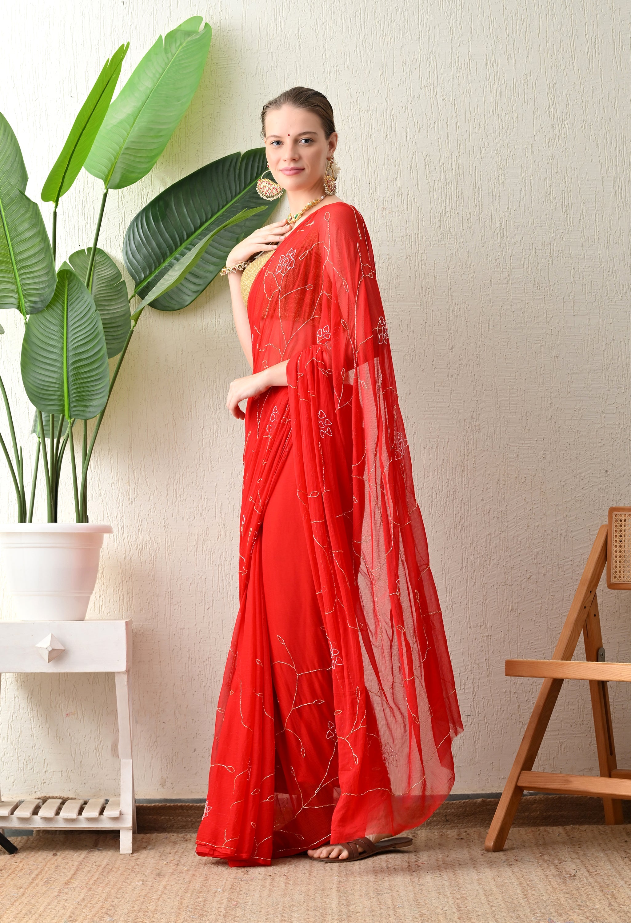 Fire Red Embellished chiffon leheriya saree, for festive wear, daily wear saree, and farewell saree, a must for trousseau and pre-wedding styling.
