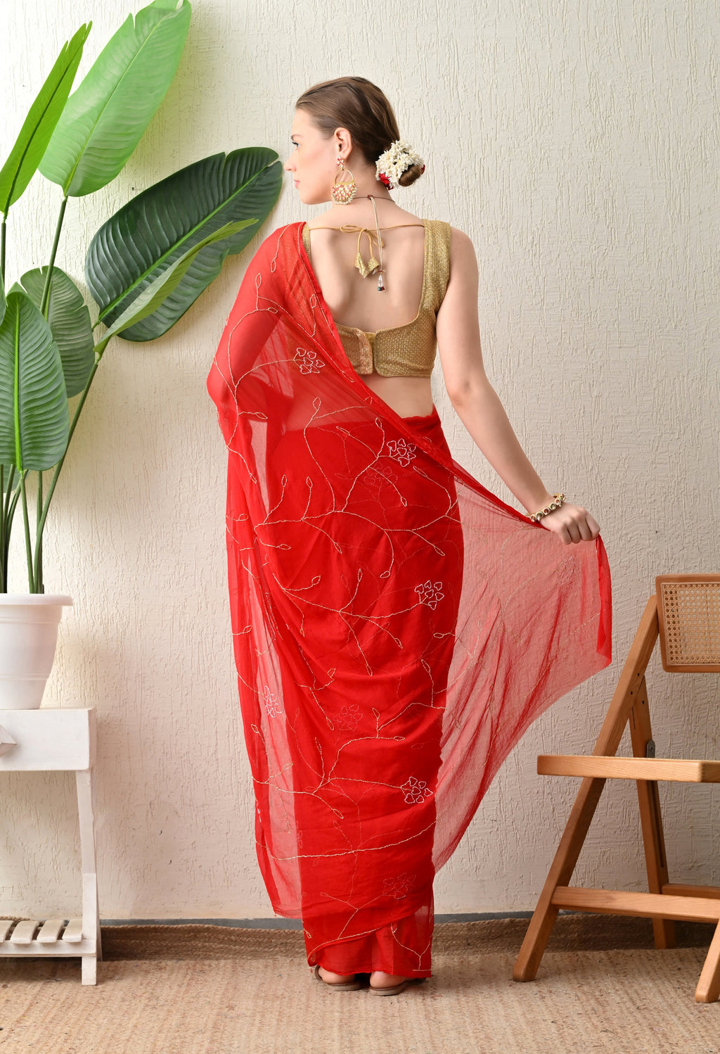 Fire Red Embellished chiffon leheriya saree, for festive wear, daily wear saree, and farewell saree, a must for trousseau and pre-wedding styling.