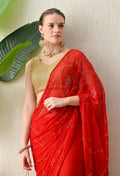 Vibrant red pre-wedding collection chiffon saree, ideal party wear and festive occasions, styled by House of Chiffon.