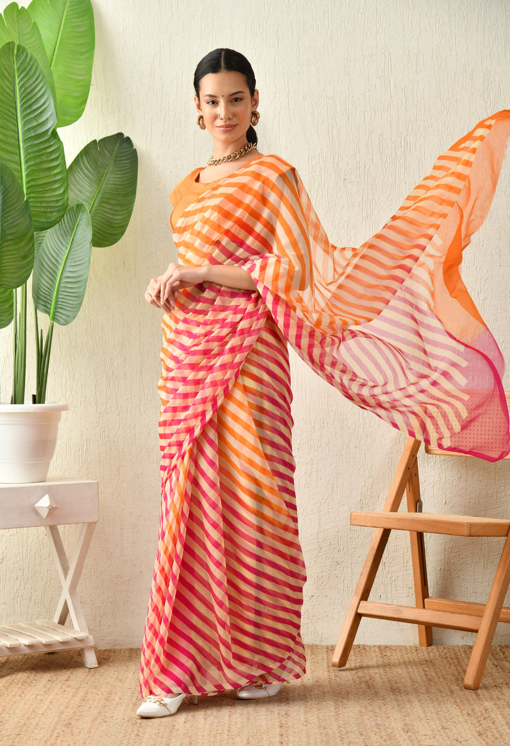 Coral Sundew Leheriya Chiffon Saree