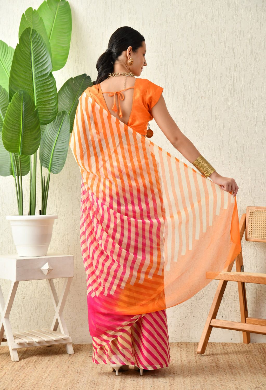 Coral Sundew Leheriya Chiffon Saree