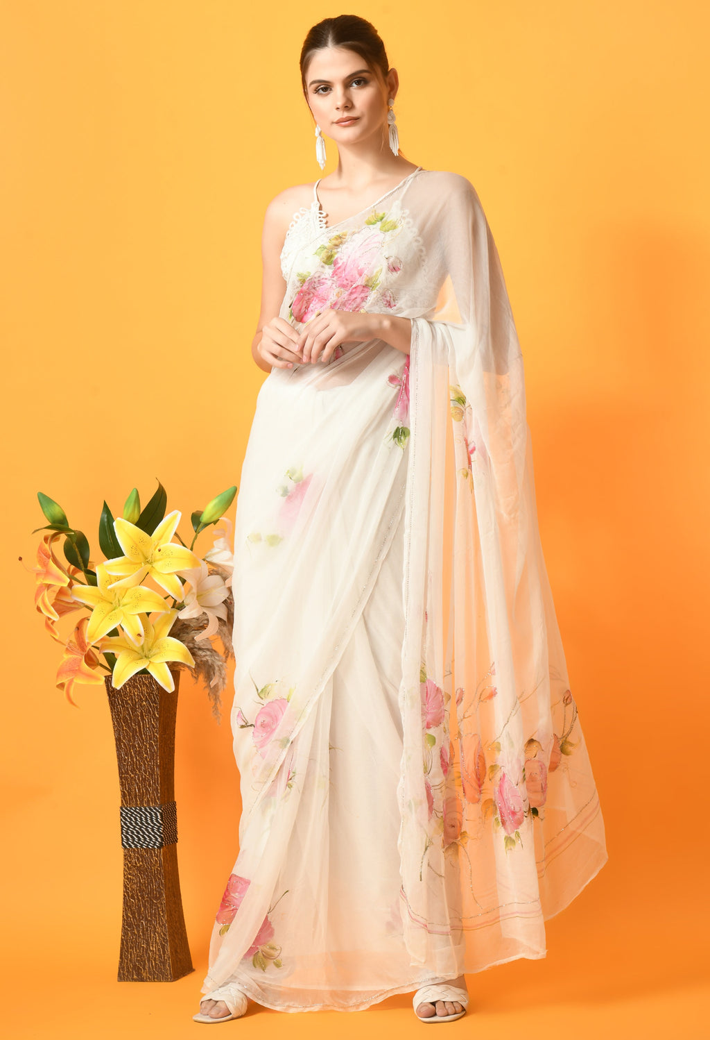 Rose Garden white Hand Painted Chiffon Saree