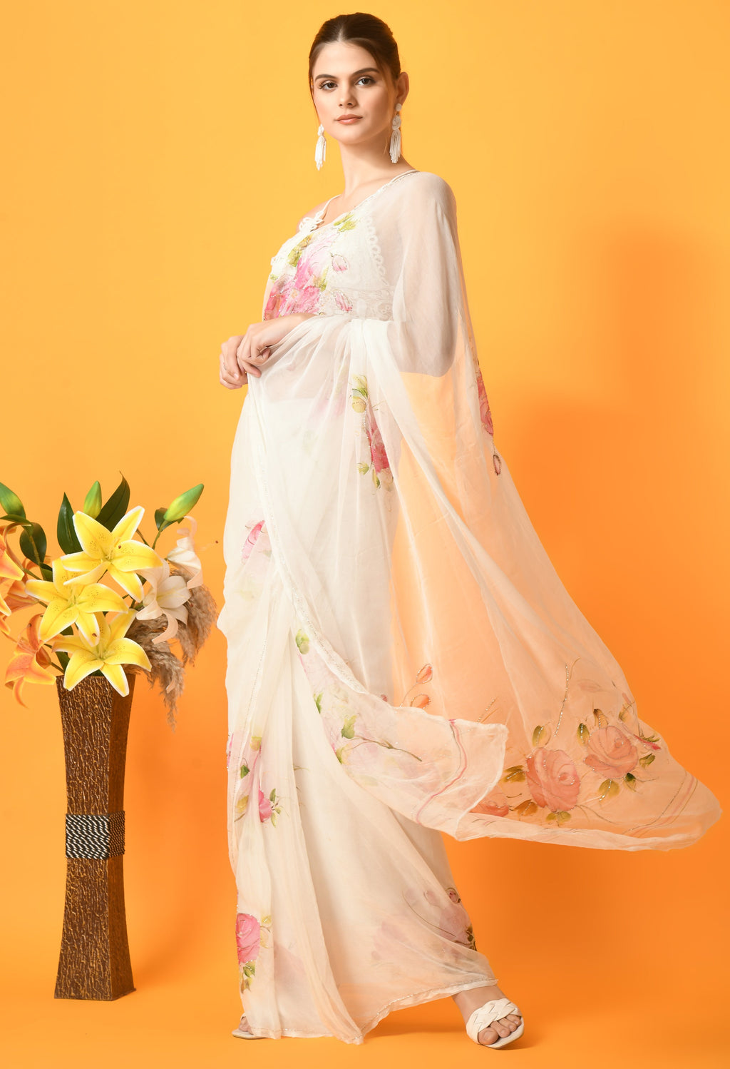 Rose Garden white Hand Painted Chiffon Saree