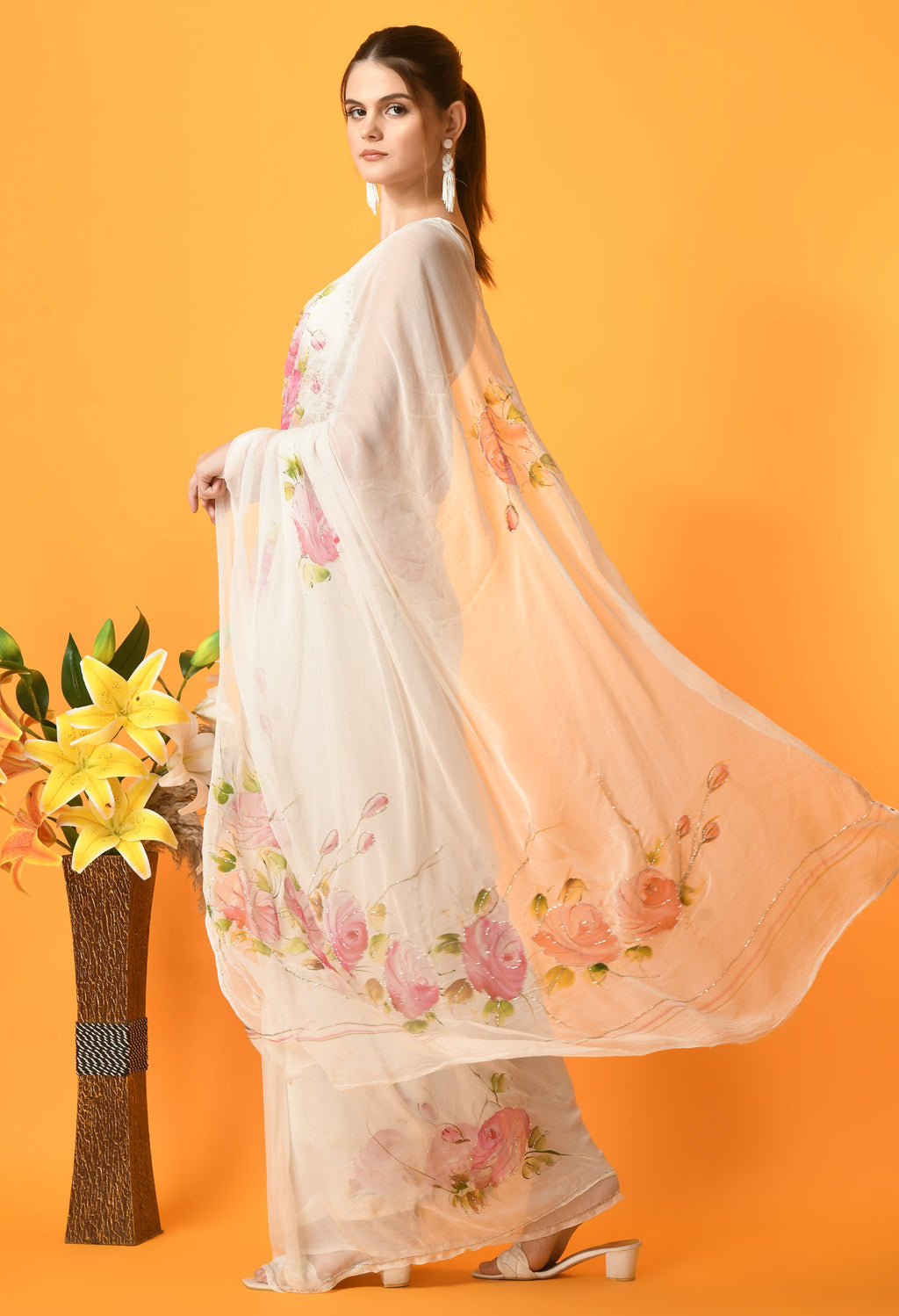 Rose Garden white Hand Painted Chiffon Saree