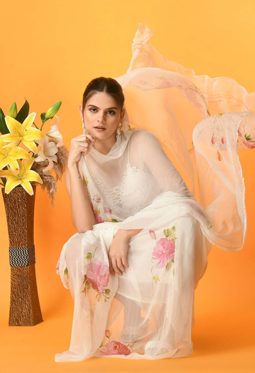 Rose Garden white Hand Painted Chiffon Saree