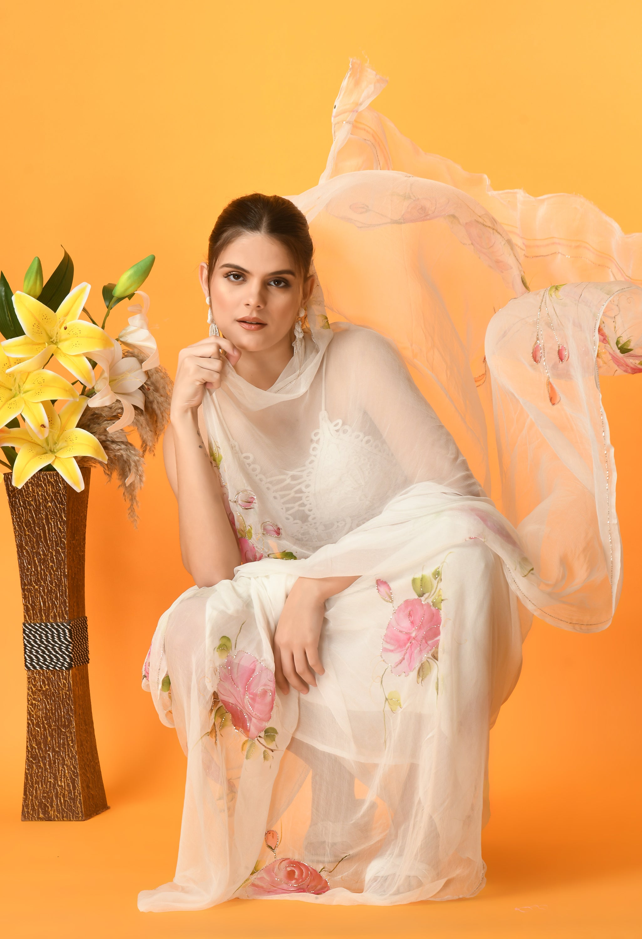 Rose Garden white Hand Painted Chiffon Saree