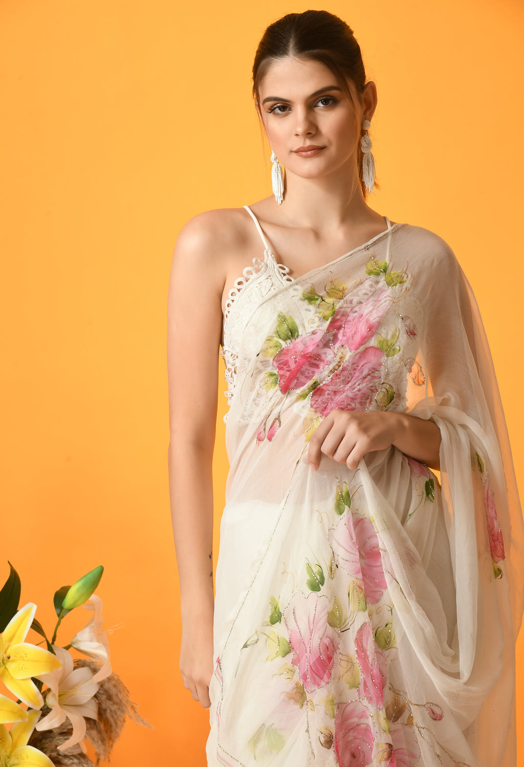Rose Garden white Hand Painted Chiffon Saree