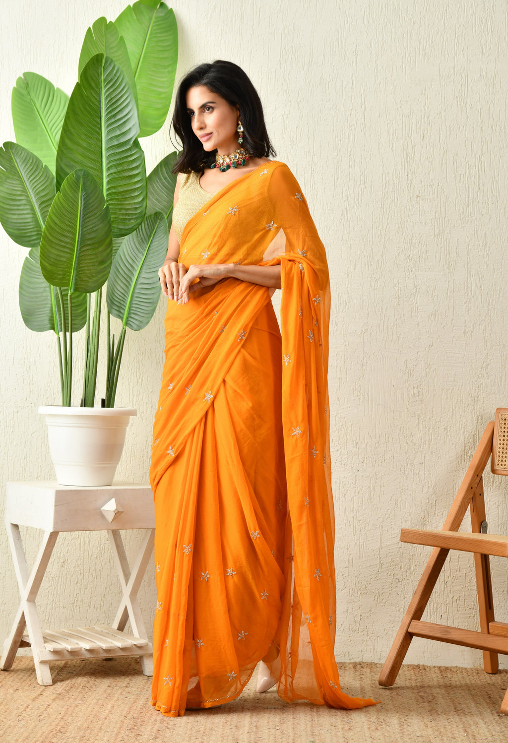 Dutch Orange Embellished chiffon saree for festive wear, trousseau saree, suitable for farewell saree, daily wear saree, party wear saree looks.