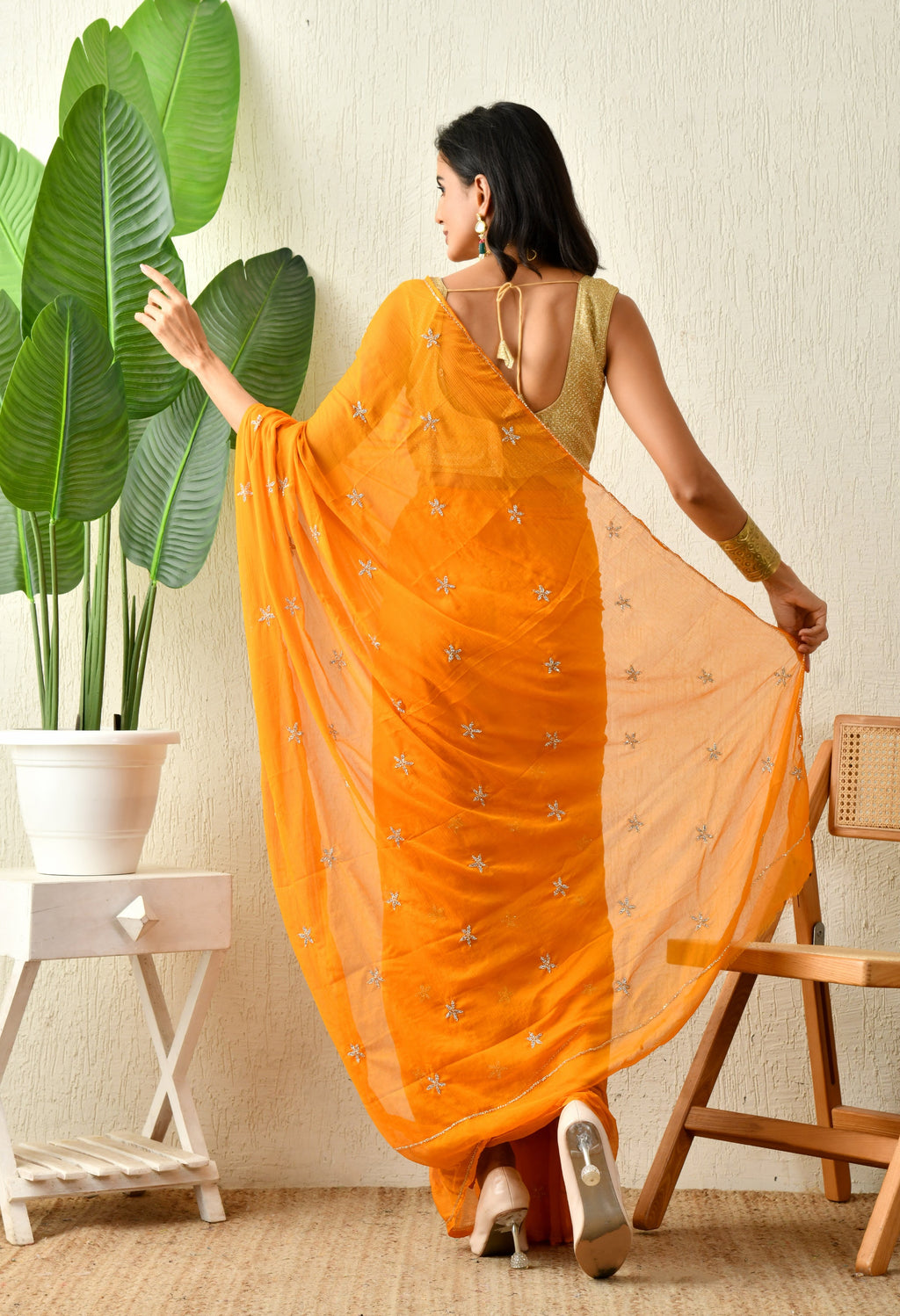 Dutch Orange Embellished chiffon saree for festive wear, trousseau saree, suitable for farewell saree, daily wear saree, party wear saree looks.