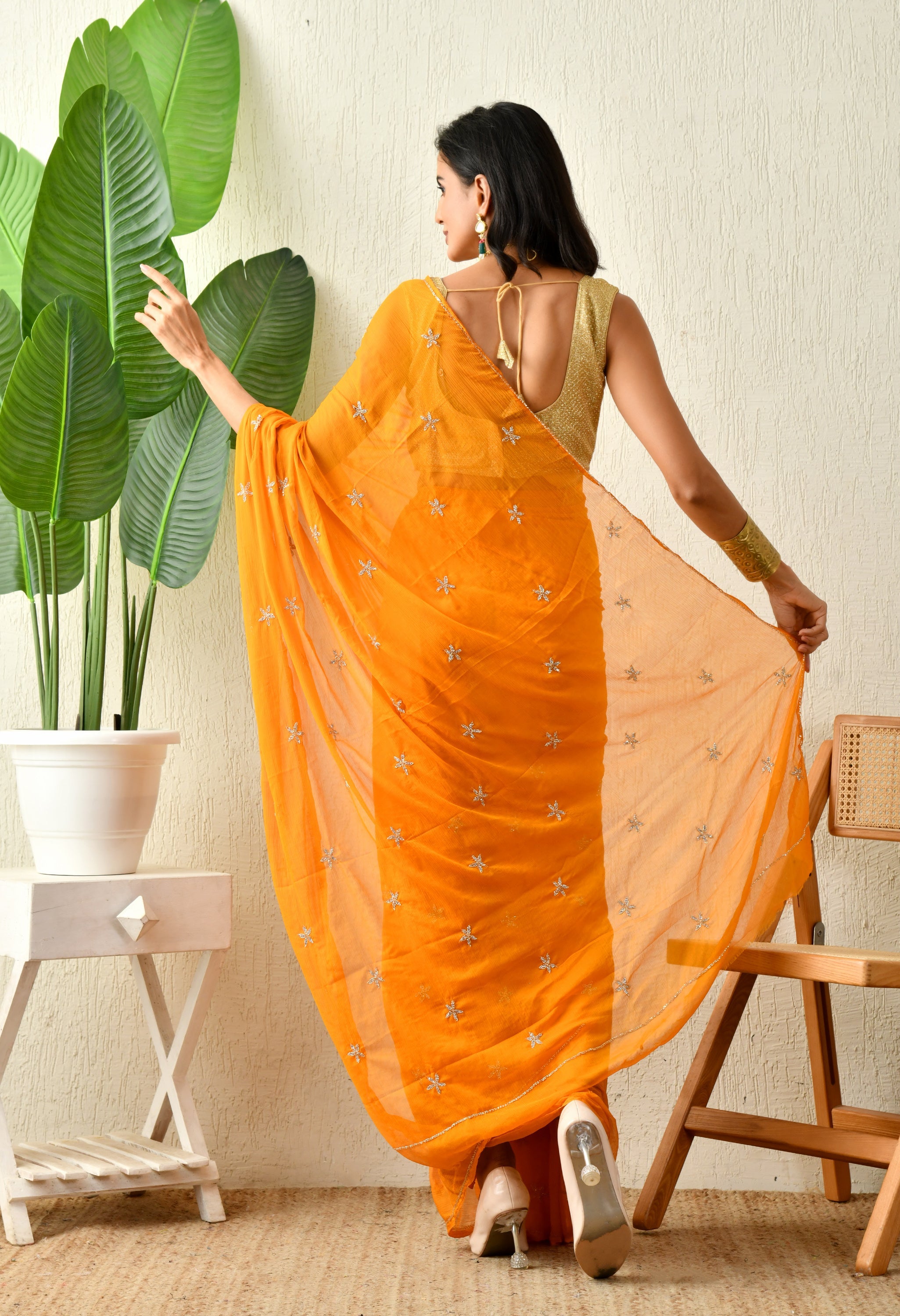 Dutch Orange Embellished chiffon saree for festive wear, trousseau saree, suitable for farewell saree, daily wear saree, party wear saree looks.