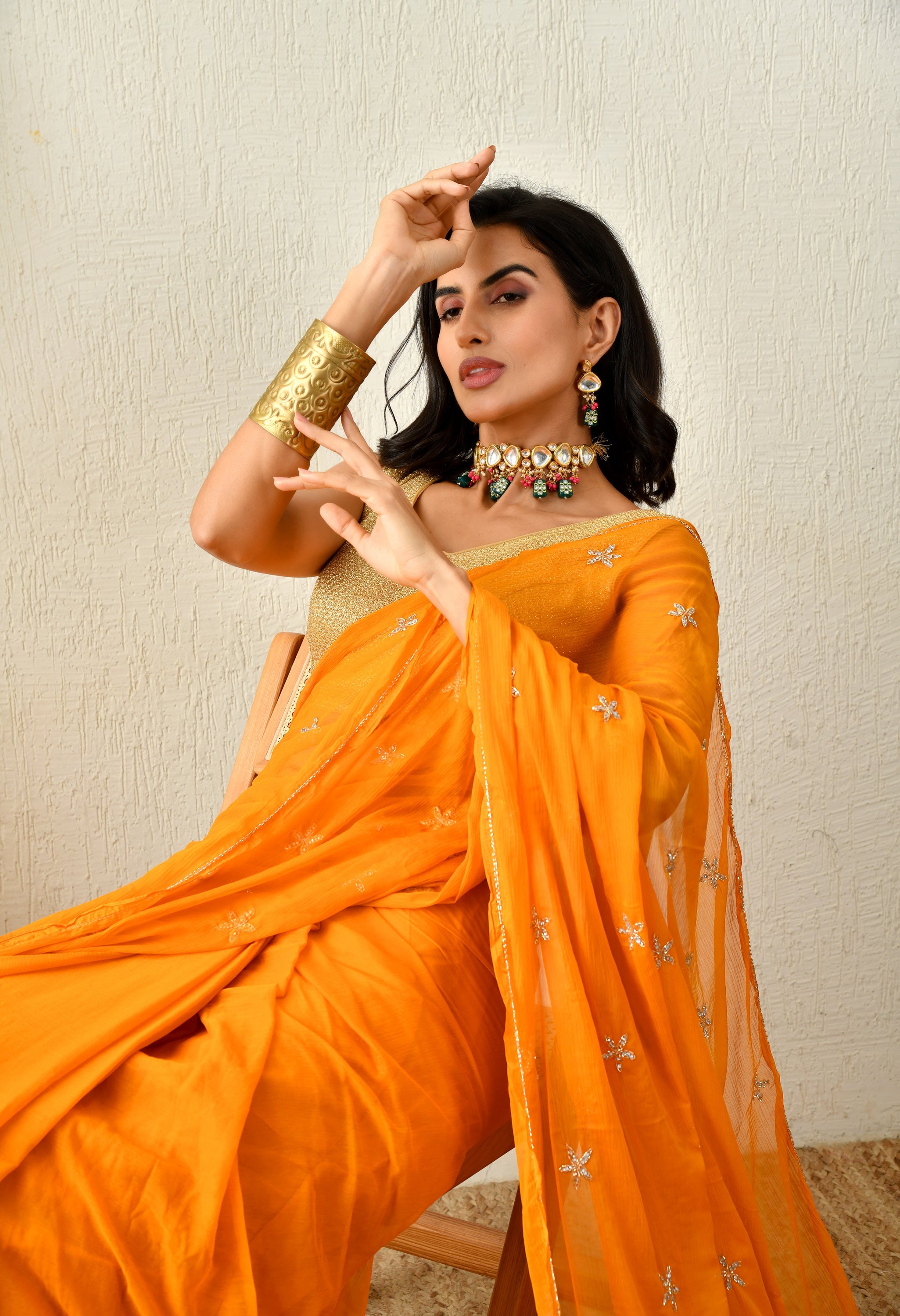 Dutch Orange Embellished chiffon saree for festive wear, trousseau saree, suitable for farewell saree, daily wear saree, party wear saree looks.