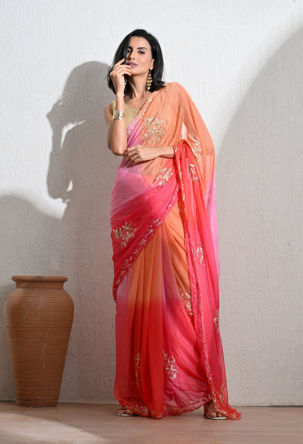 ink Sky Embroidered chiffon leheriya saree, for festive wear, daily wear saree, and farewell saree, a must for trousseau and pre-wedding styling.