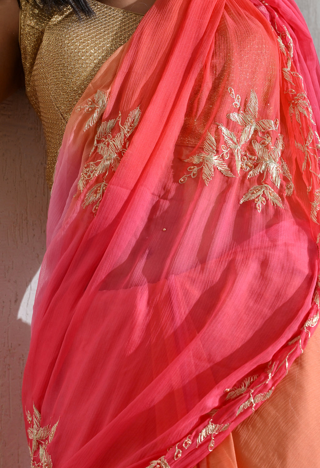 ink Sky Embroidered chiffon leheriya saree, for festive wear, daily wear saree, and farewell saree, a must for trousseau and pre-wedding styling.