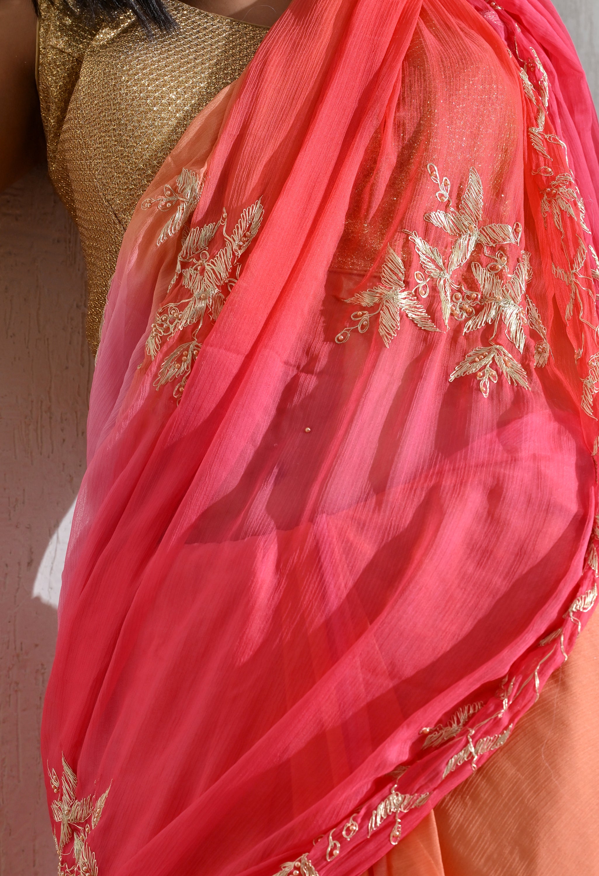 ink Sky Embroidered chiffon leheriya saree, for festive wear, daily wear saree, and farewell saree, a must for trousseau and pre-wedding styling.