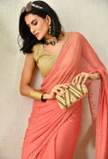 Salmon Blaze Embellished Chiffon Saree chiffon saree for festive wear, trousseau saree, suitable for farewell saree, daily wear saree, party wear saree looks.
