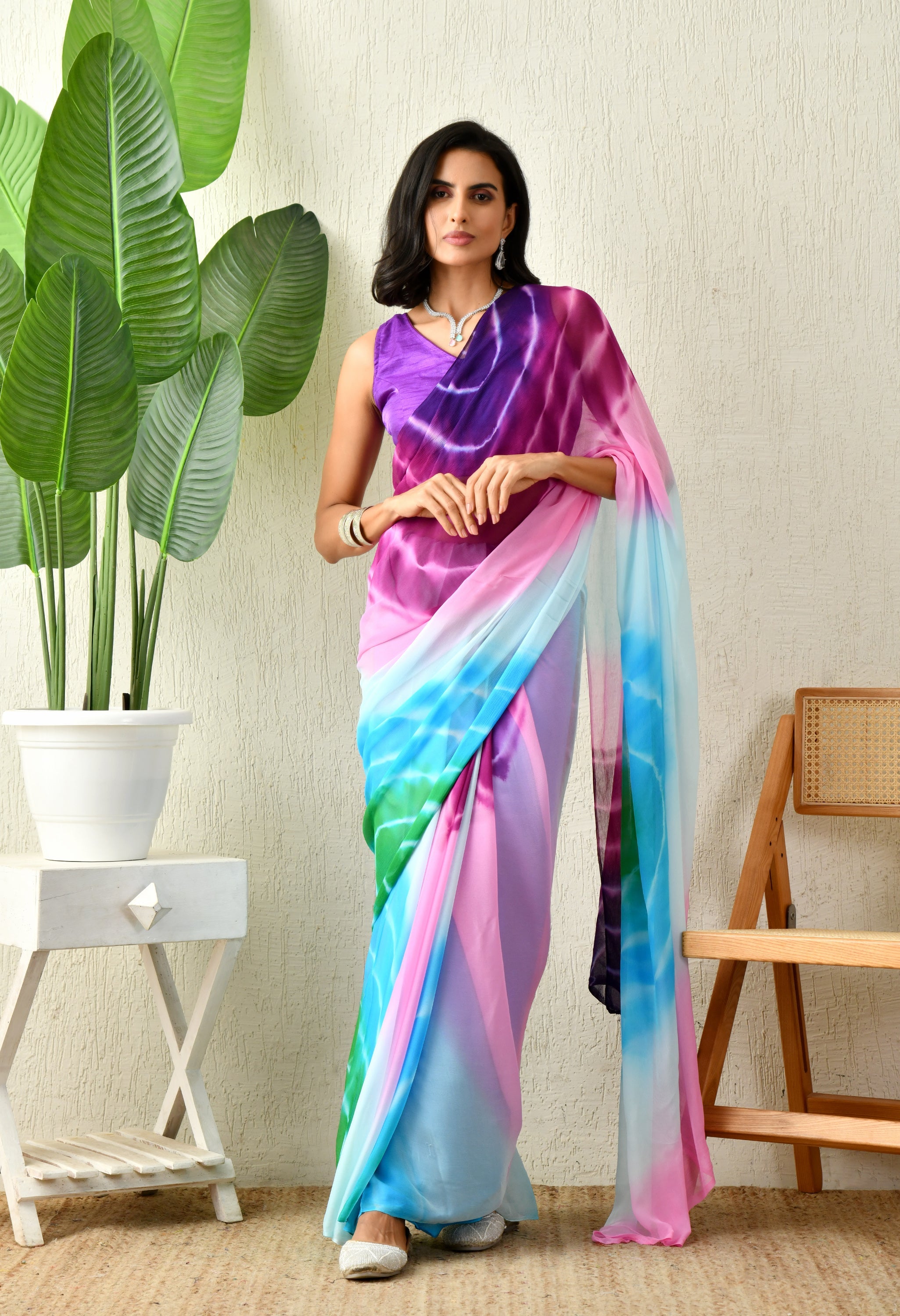 Mauveine Pink Tie & Dye Diamond Chiffon Saree