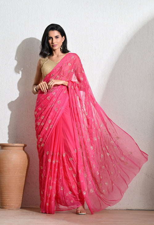 Brillant Rose all over Work chiffon leheriya saree, for festive wear, daily wear saree, and farewell saree, a must for trousseau and pre-wedding styling.
