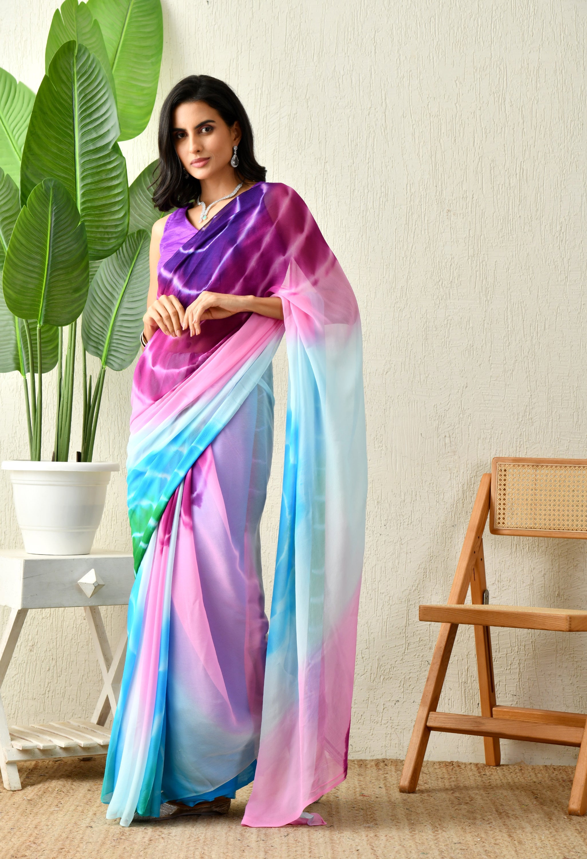 Mauveine Pink Tie & Dye Diamond Chiffon Saree