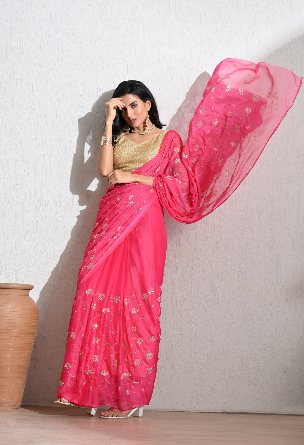 Brillant Rose all over Work chiffon leheriya saree, for festive wear, daily wear saree, and farewell saree, a must for trousseau and pre-wedding styling.