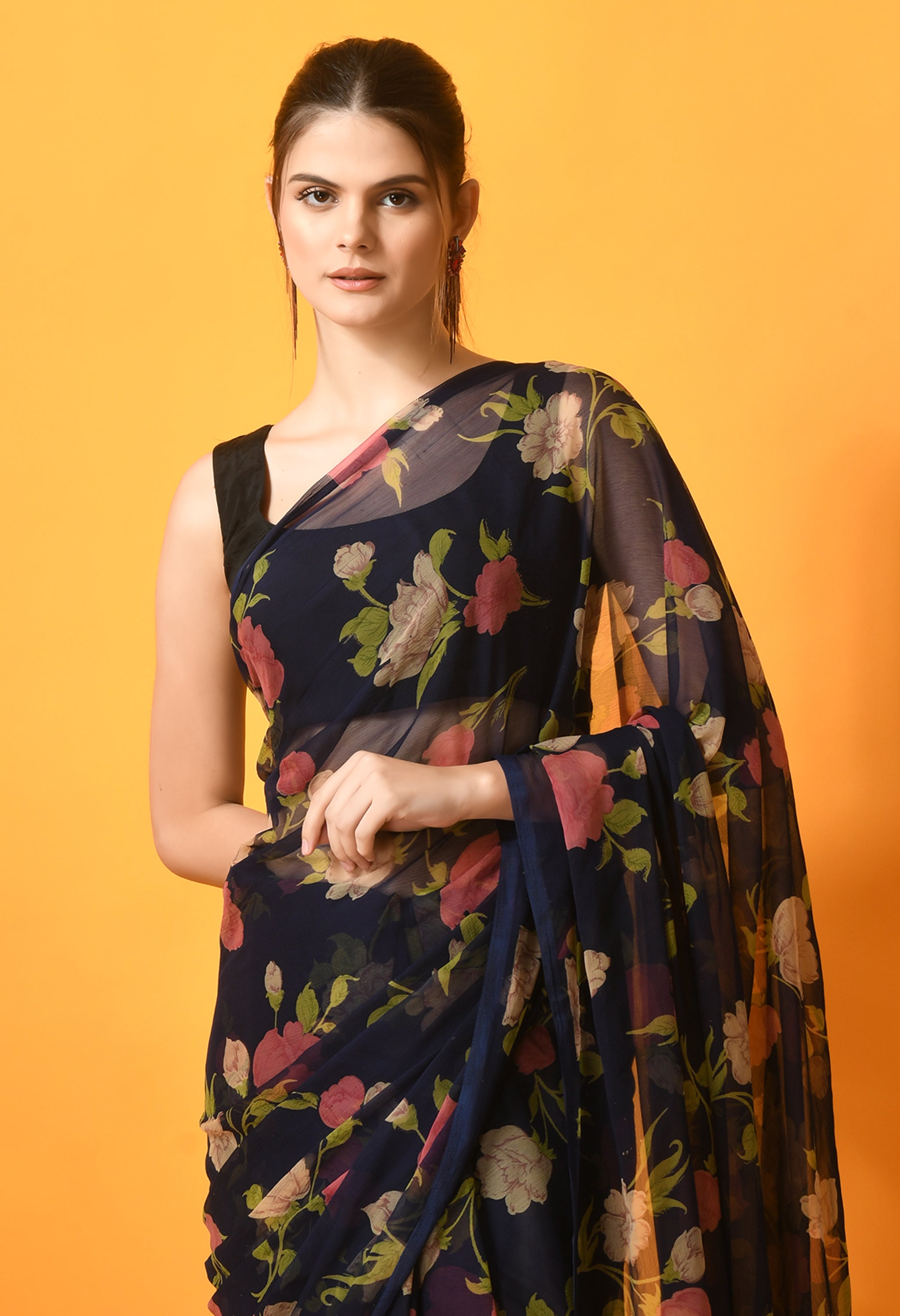 Navy Blue Floral Printed Chiffon Saree