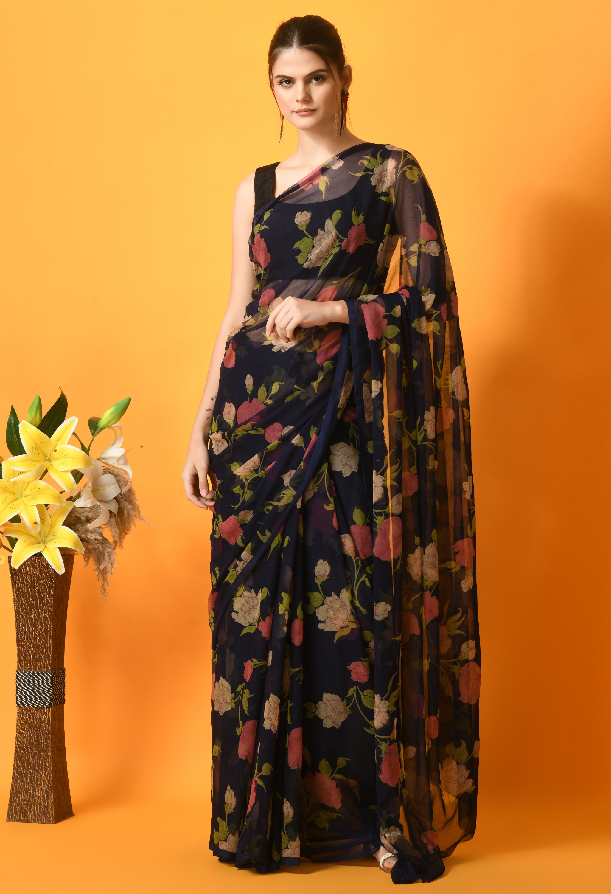 Navy Blue Floral Printed Chiffon Saree