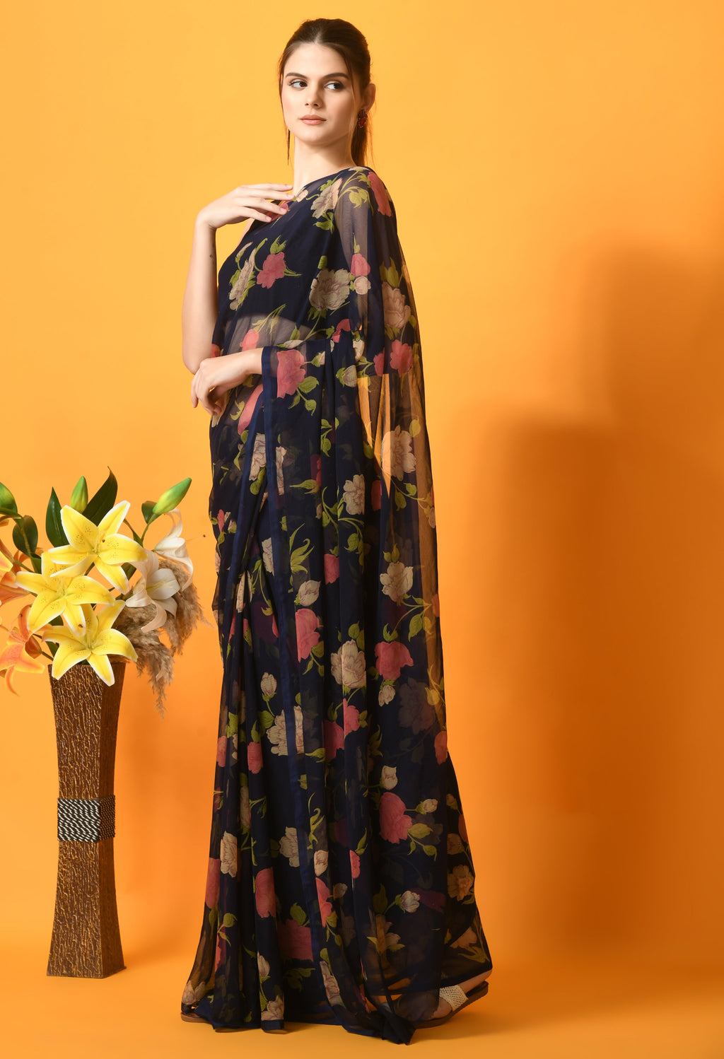 Navy Blue Floral Printed Chiffon Saree