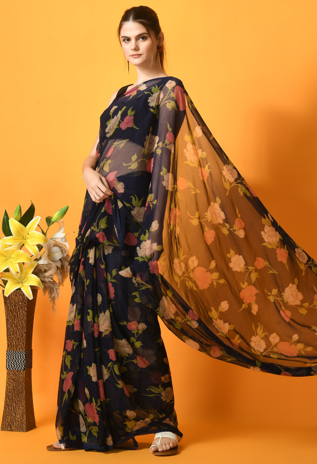 Navy Blue Floral Printed Chiffon Saree