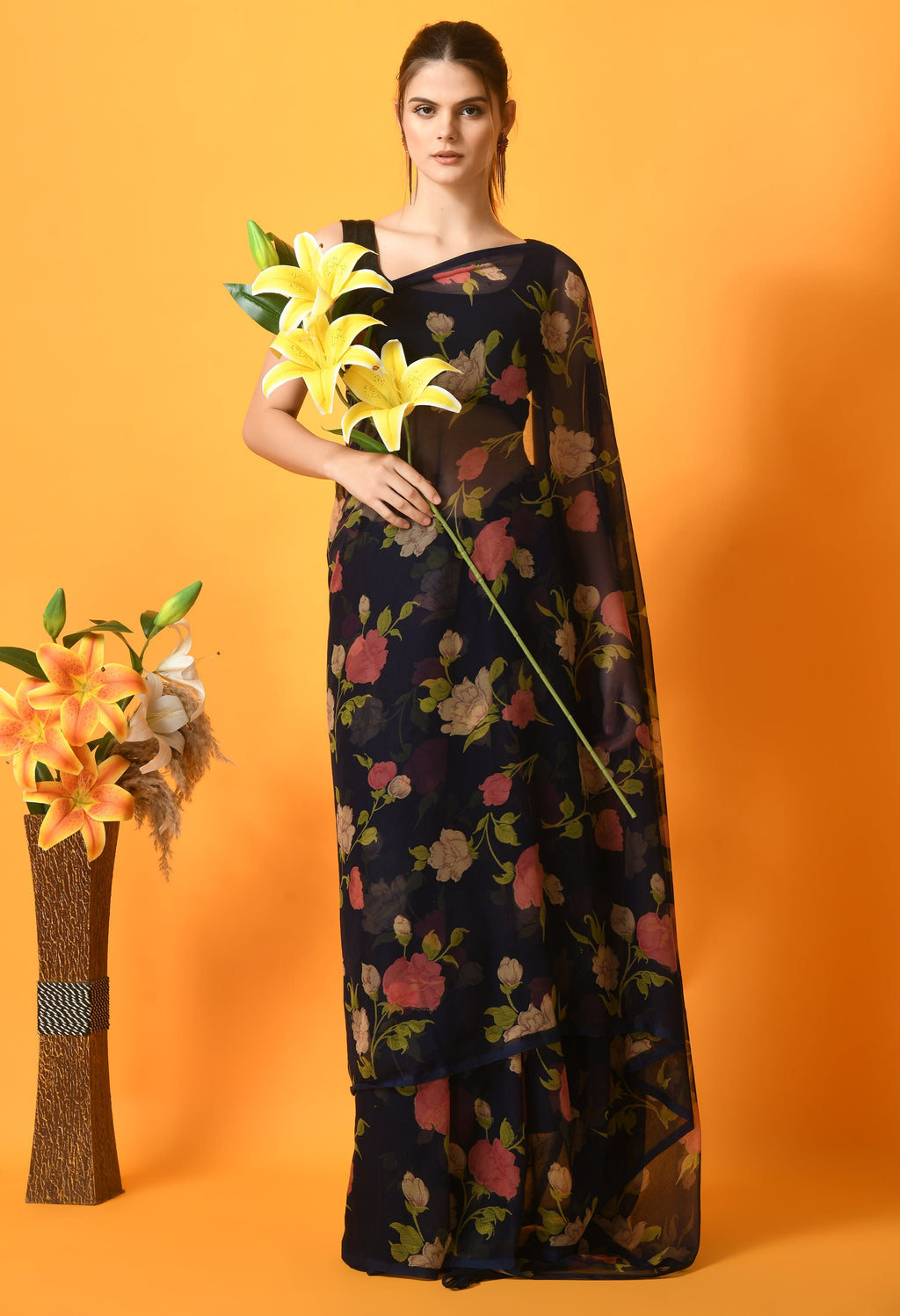 Navy Blue Floral Printed Chiffon Saree