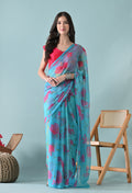 Pacific Blue Printed Floral Chiffon Saree