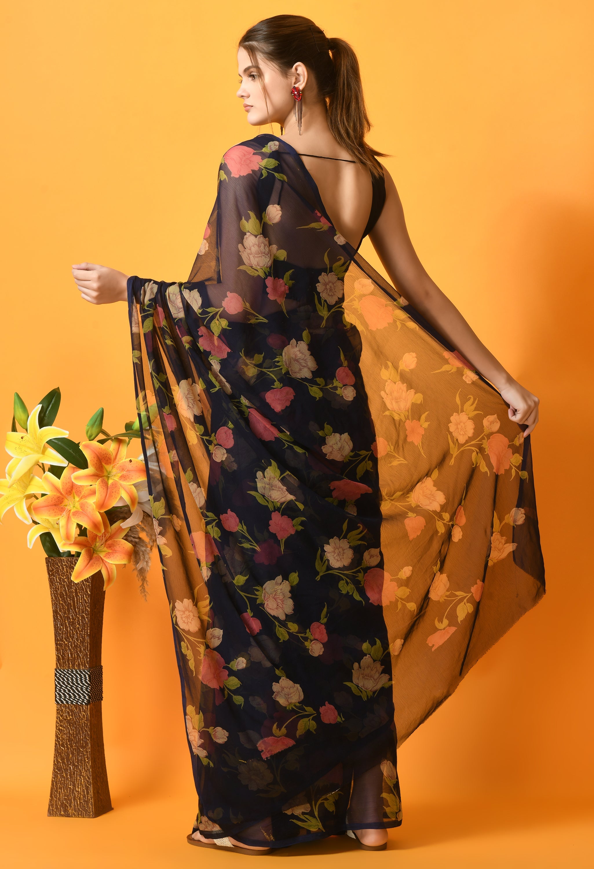 Navy Blue Floral Printed Chiffon Saree