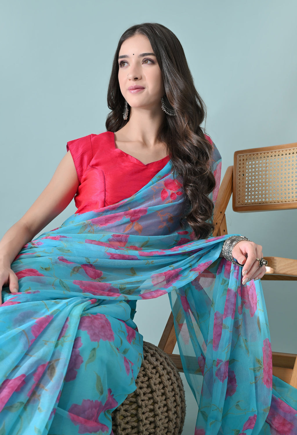 Pacific Blue Printed Floral Chiffon Saree