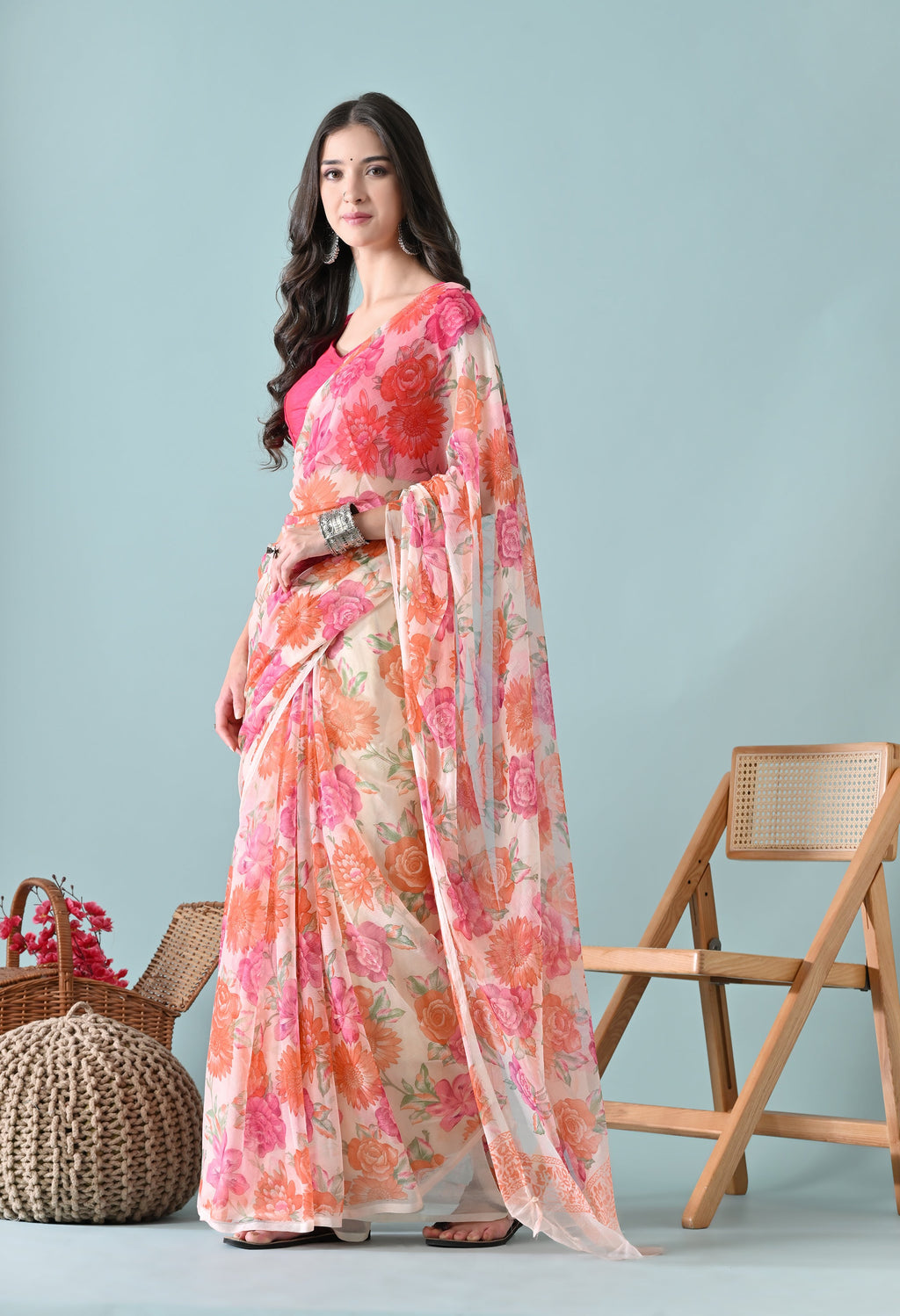 Pastel White Printed Floral Chiffon Saree
