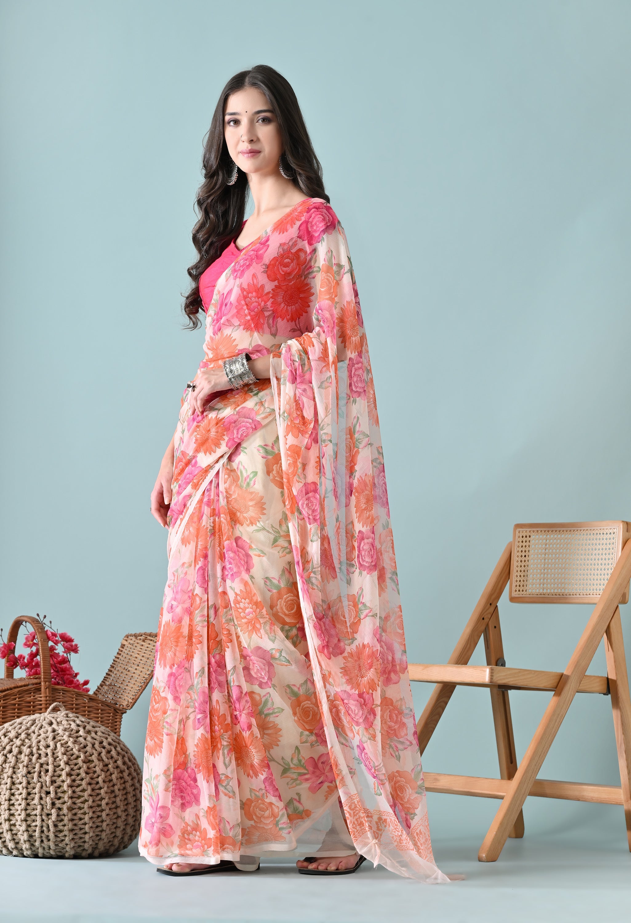 Pastel White Printed Floral Chiffon Saree