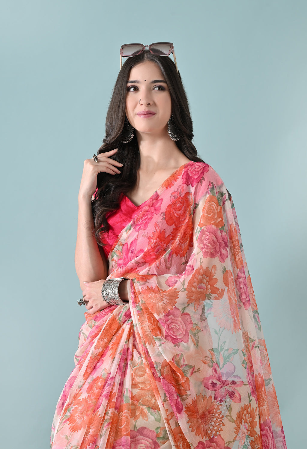 Pastel White Printed Floral Chiffon Saree