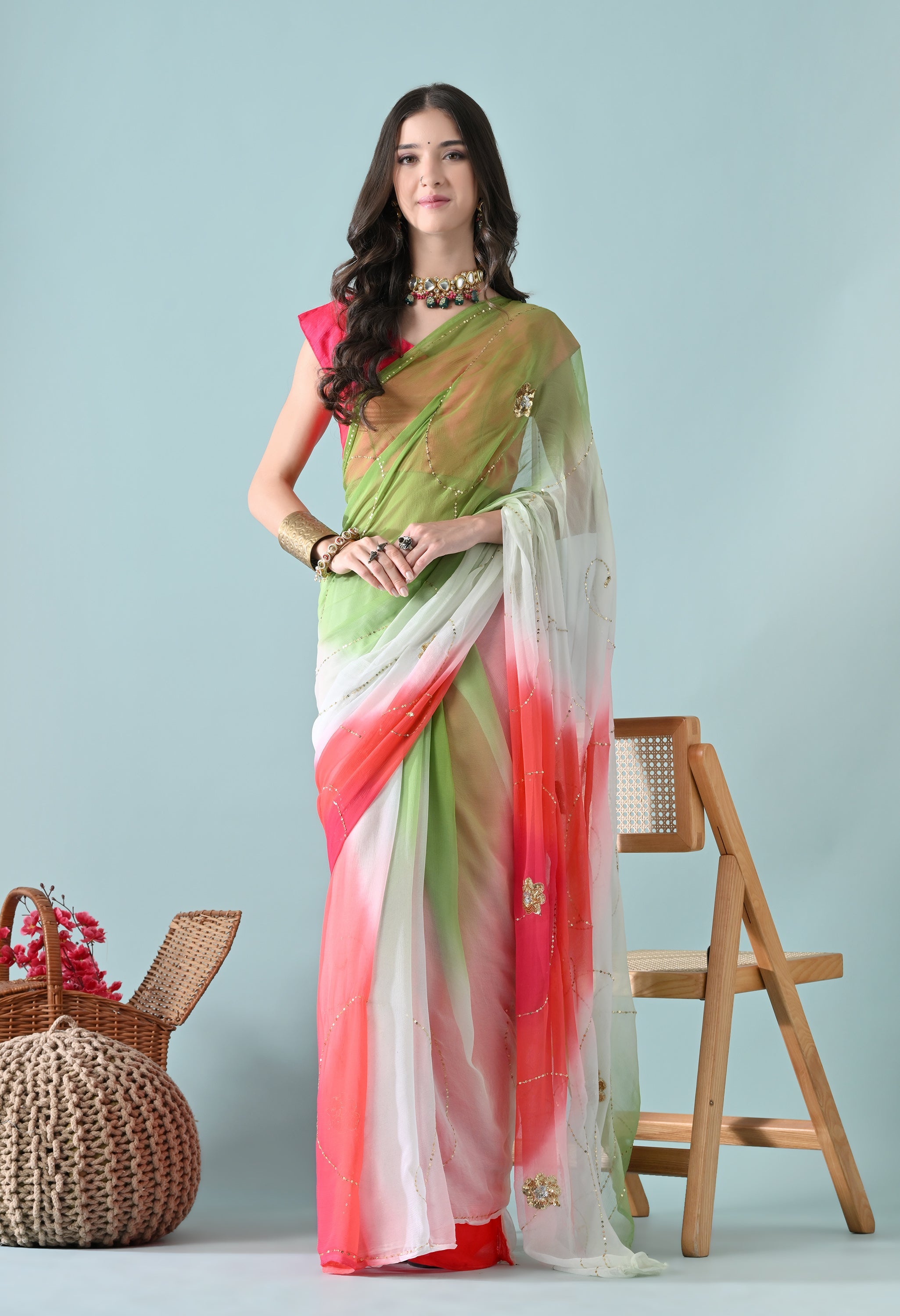 Sophisticated chiffon saree designed for festive wear, pre-wedding collection, versatile as party wear saree and trousseau saree.
