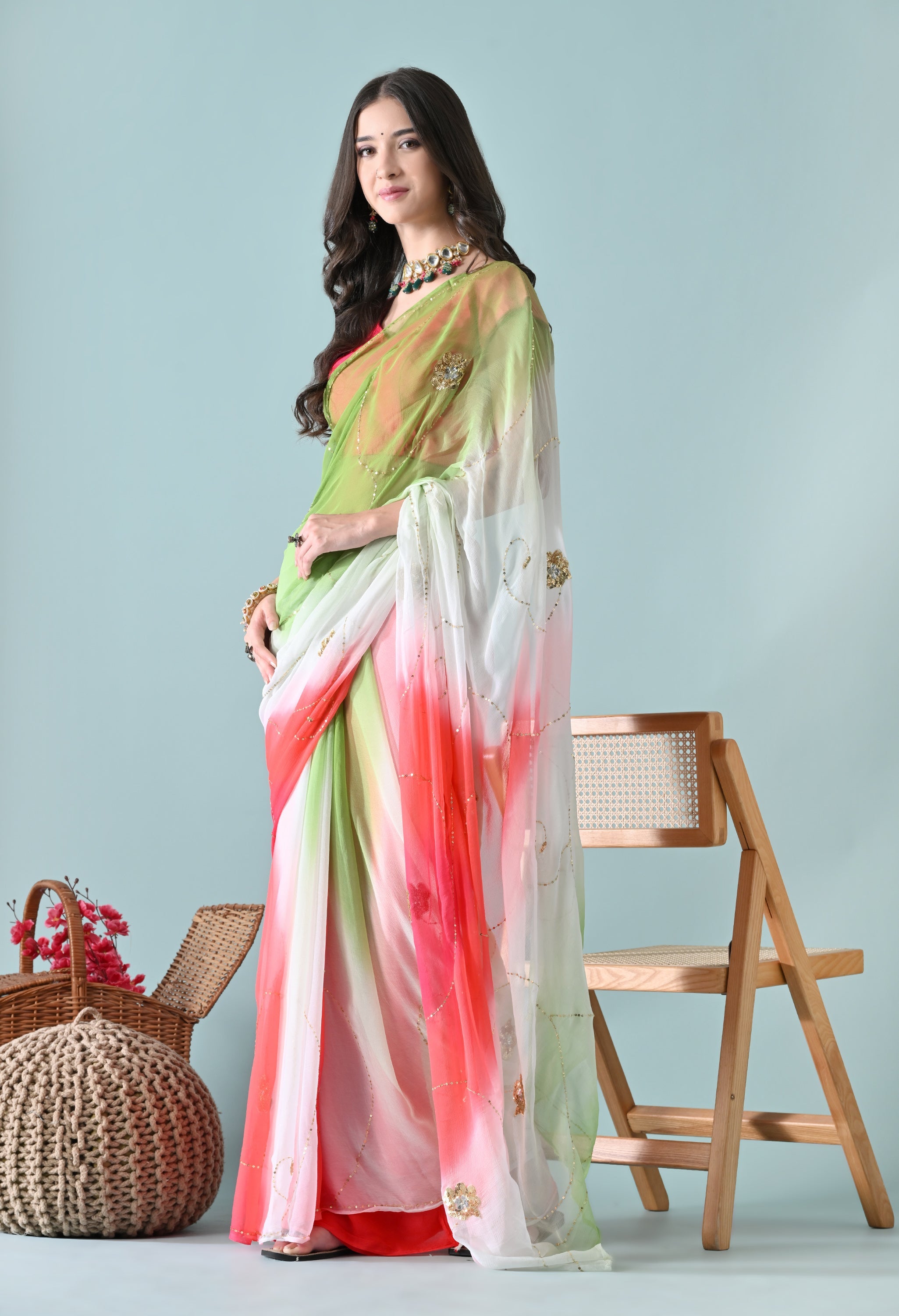 Sophisticated chiffon saree designed for festive wear, pre-wedding collection, versatile as party wear saree and trousseau saree.