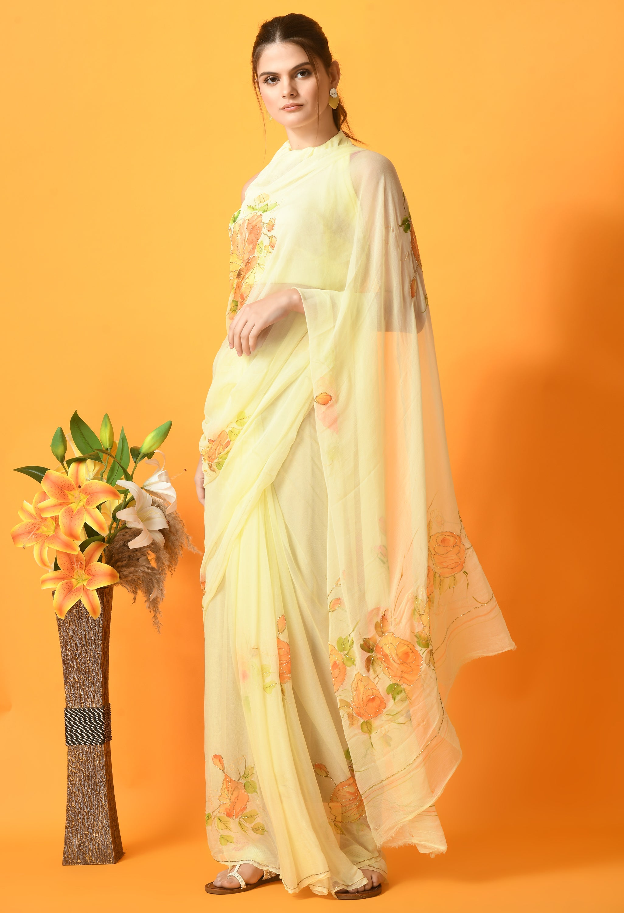 Mellow Yellow Hand Painted Chiffon Saree with Cut dana Work