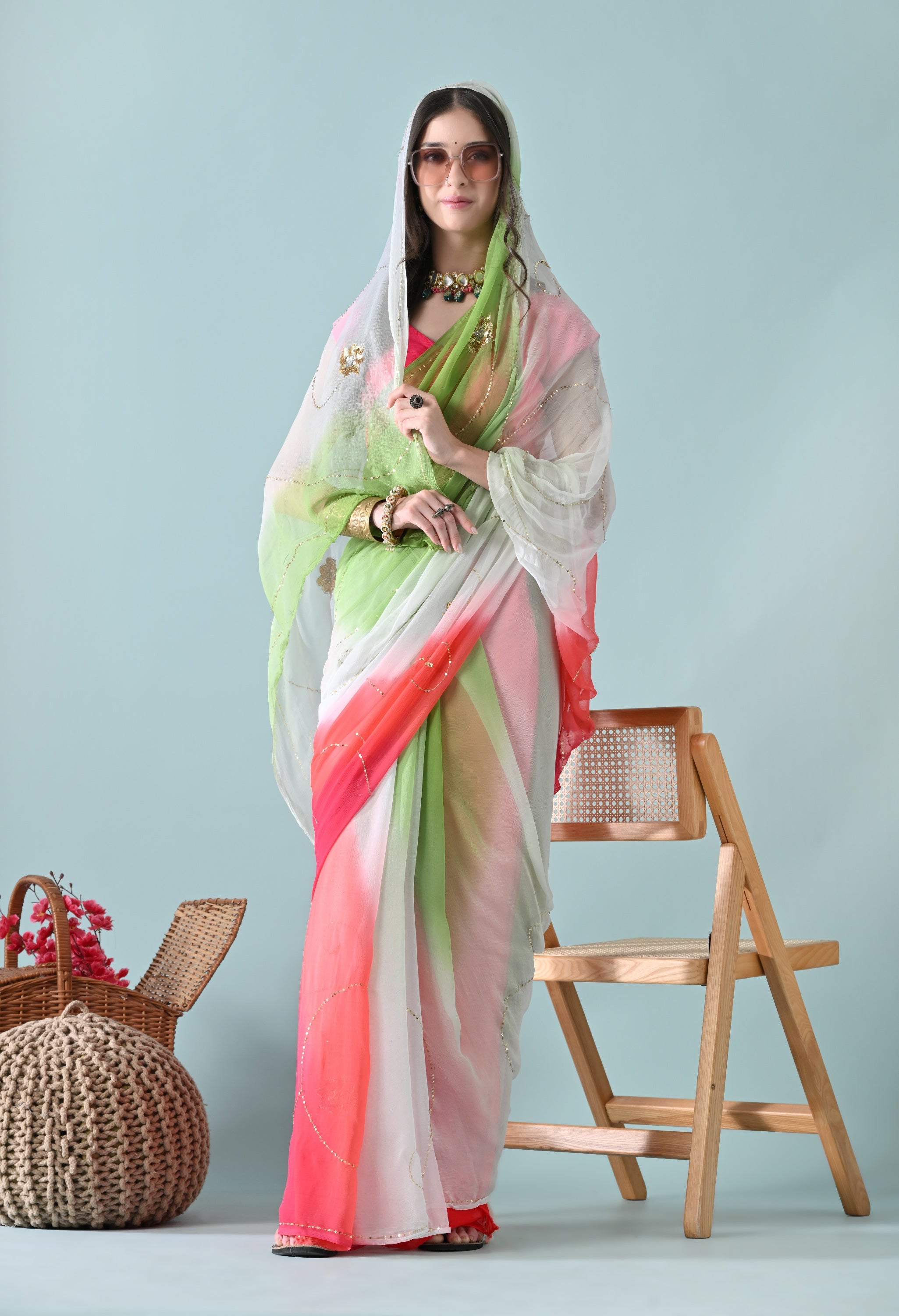 Sophisticated chiffon saree designed for festive wear, pre-wedding collection, versatile as party wear saree and trousseau saree.