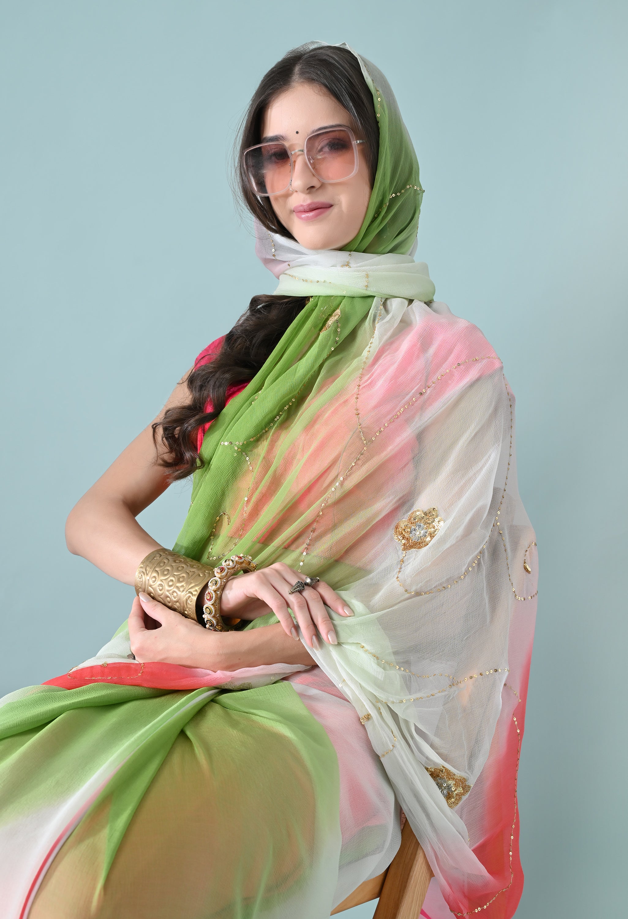 Sophisticated chiffon saree designed for festive wear, pre-wedding collection, versatile as party wear saree and trousseau saree.