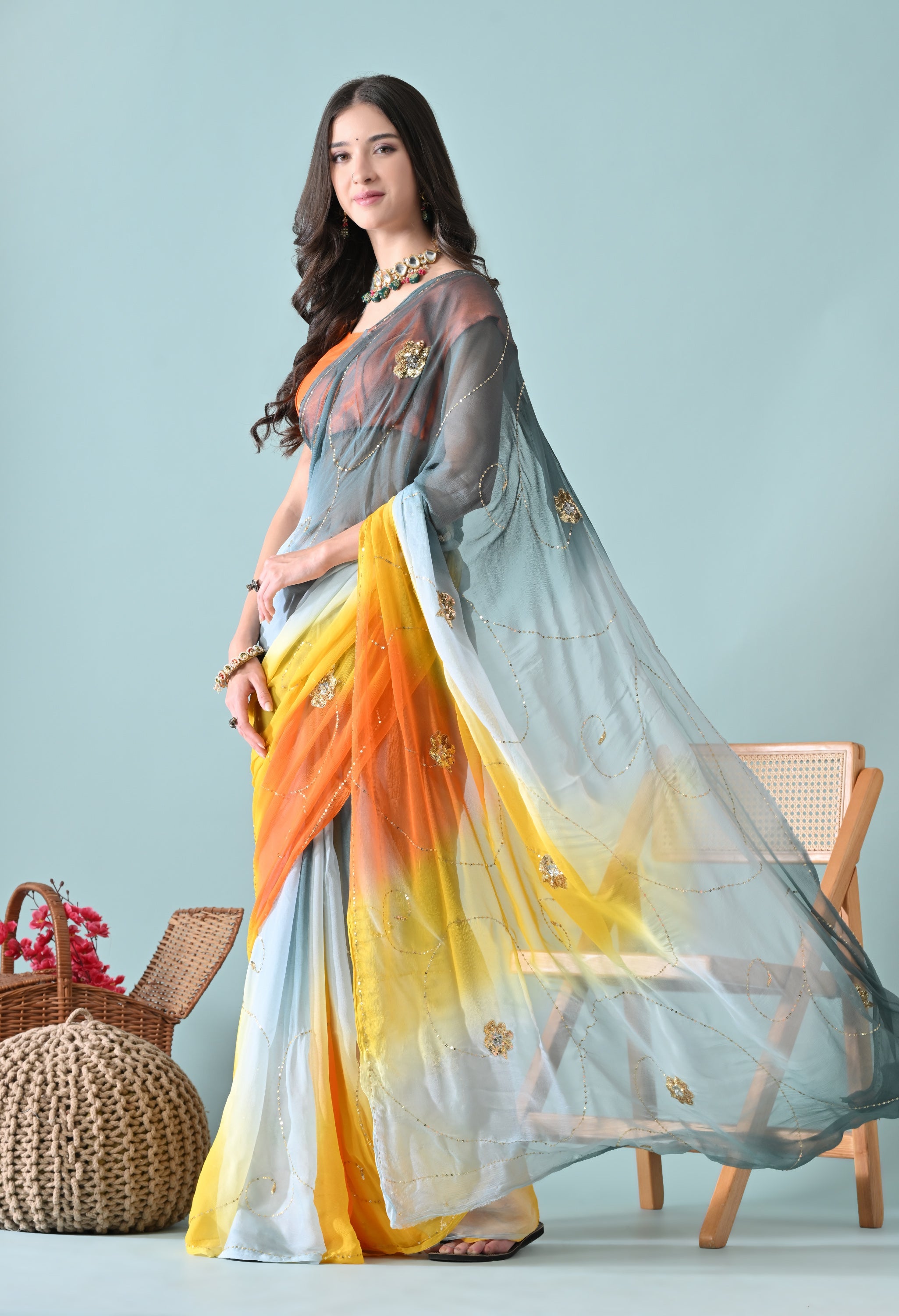 Old Tangelo Tie & Dye Sequin Diamond chiffon saree for festive wear, trousseau saree, suitable for farewell saree, daily wear saree, party wear saree looks.