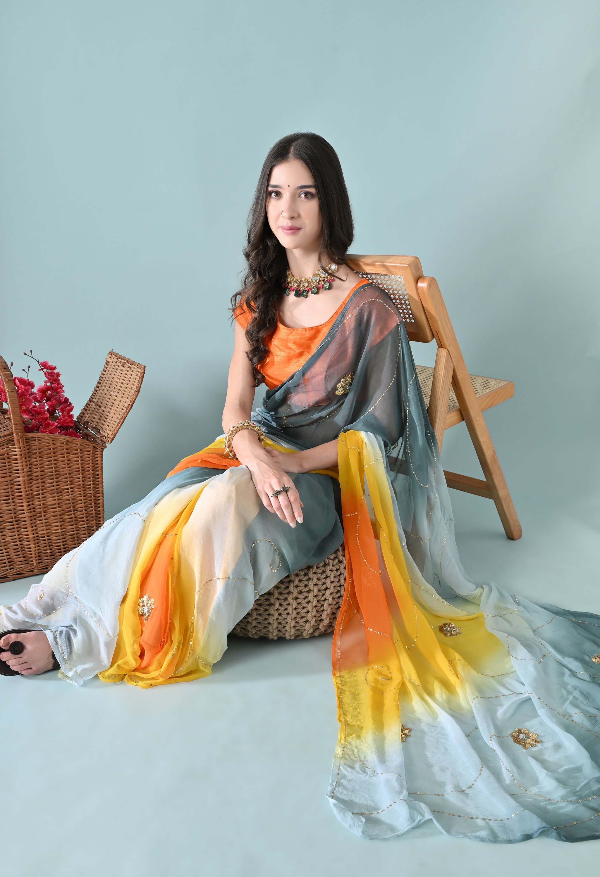 Old Tangelo Tie & Dye Sequin Diamond chiffon saree for festive wear, trousseau saree, suitable for farewell saree, daily wear saree, party wear saree looks.