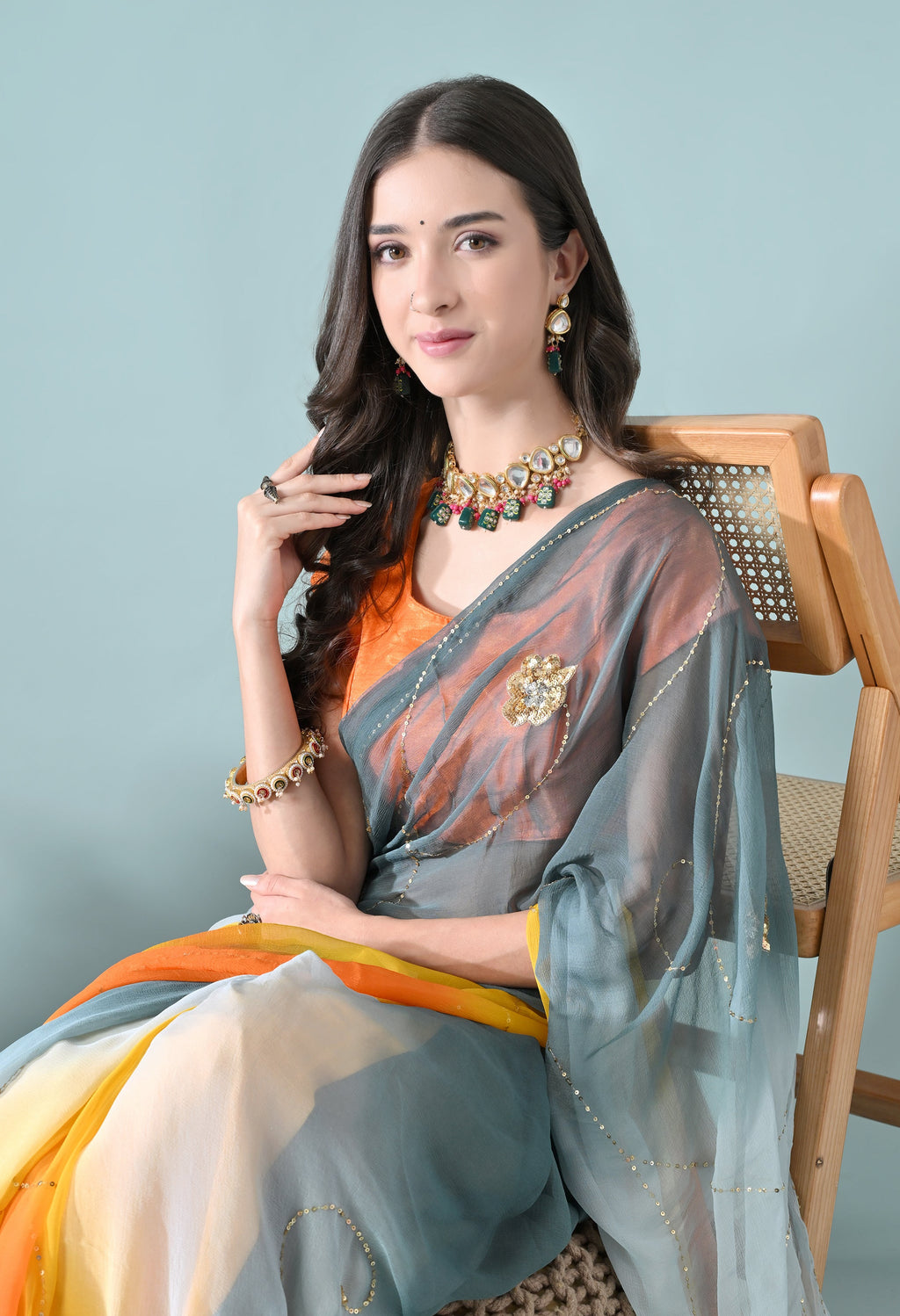 Old Tangelo Tie & Dye Sequin Diamond chiffon saree for festive wear, trousseau saree, suitable for farewell saree, daily wear saree, party wear saree looks.